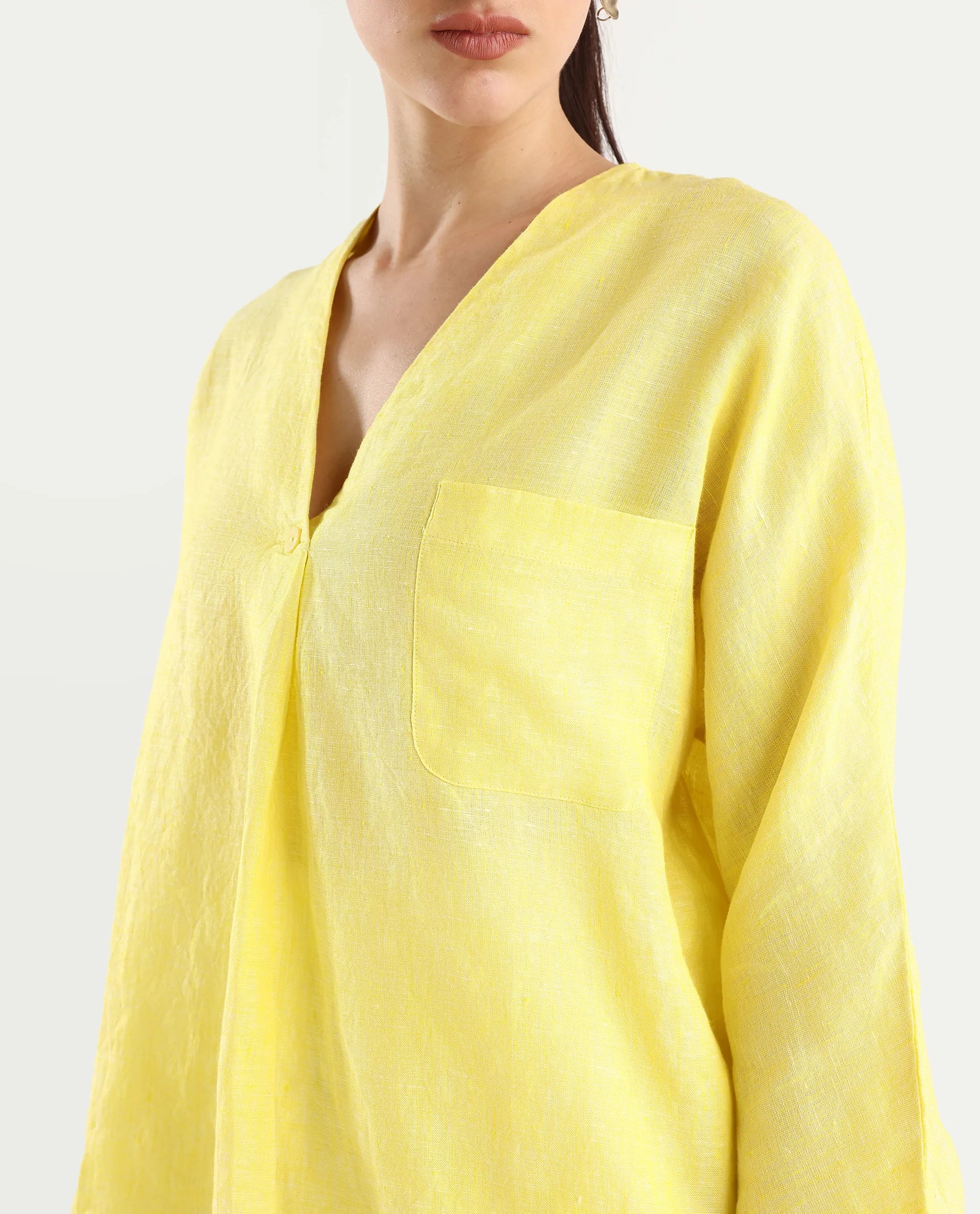 Rareism Women's Nenma Yellow Linen Kimono Sleeve V-Neck Plain Top - Image 4