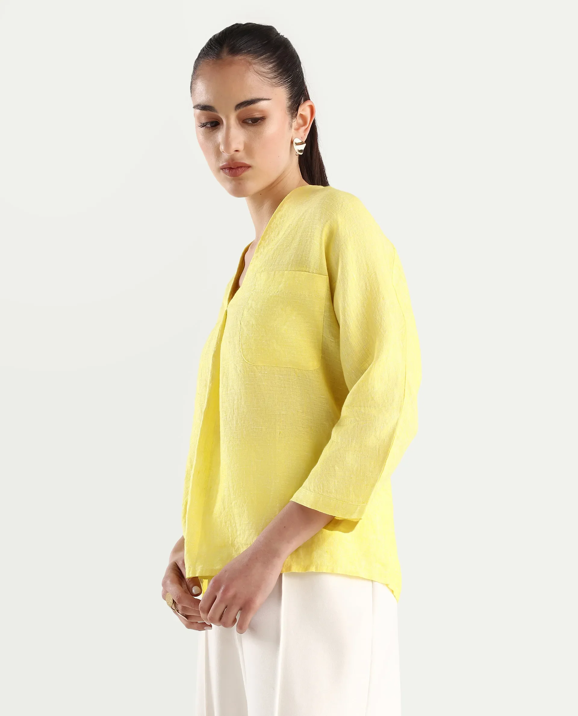 Rareism Women's Nenma Yellow Linen Kimono Sleeve V-Neck Plain Top - Image 5