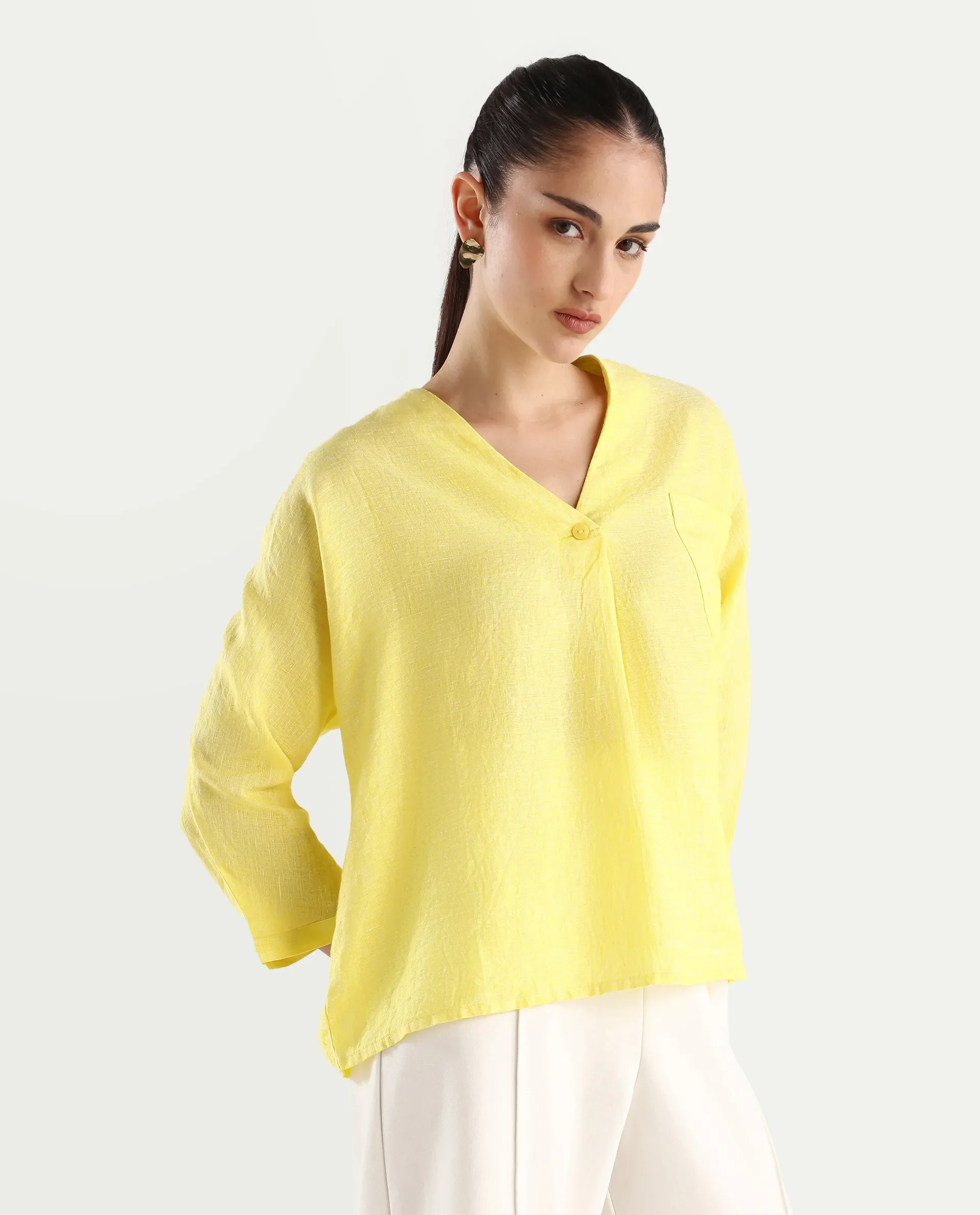 Rareism Women's Nenma Yellow Linen Kimono Sleeve V-Neck Plain Top - Image 6