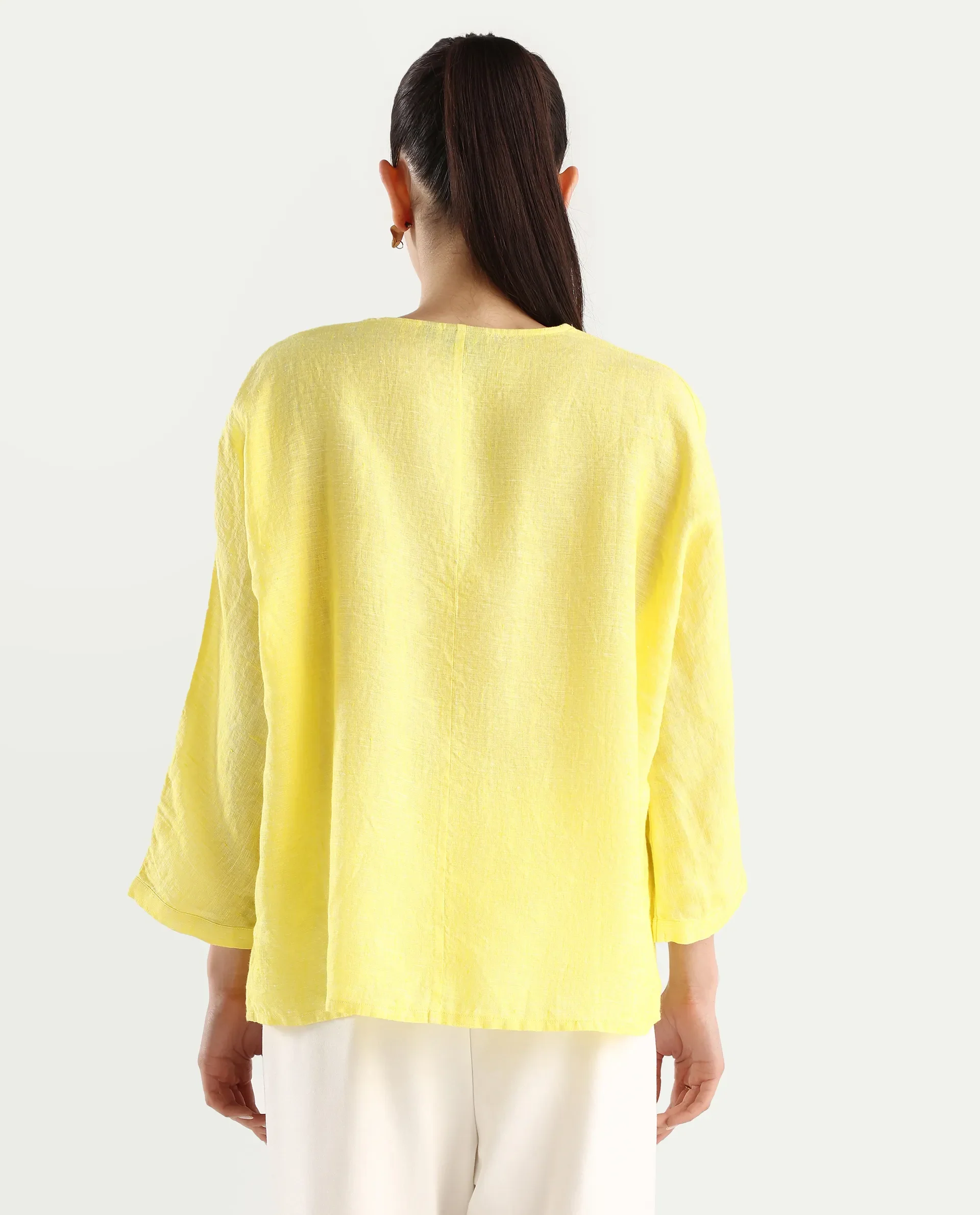 Rareism Women's Nenma Yellow Linen Kimono Sleeve V-Neck Plain Top - Image 7