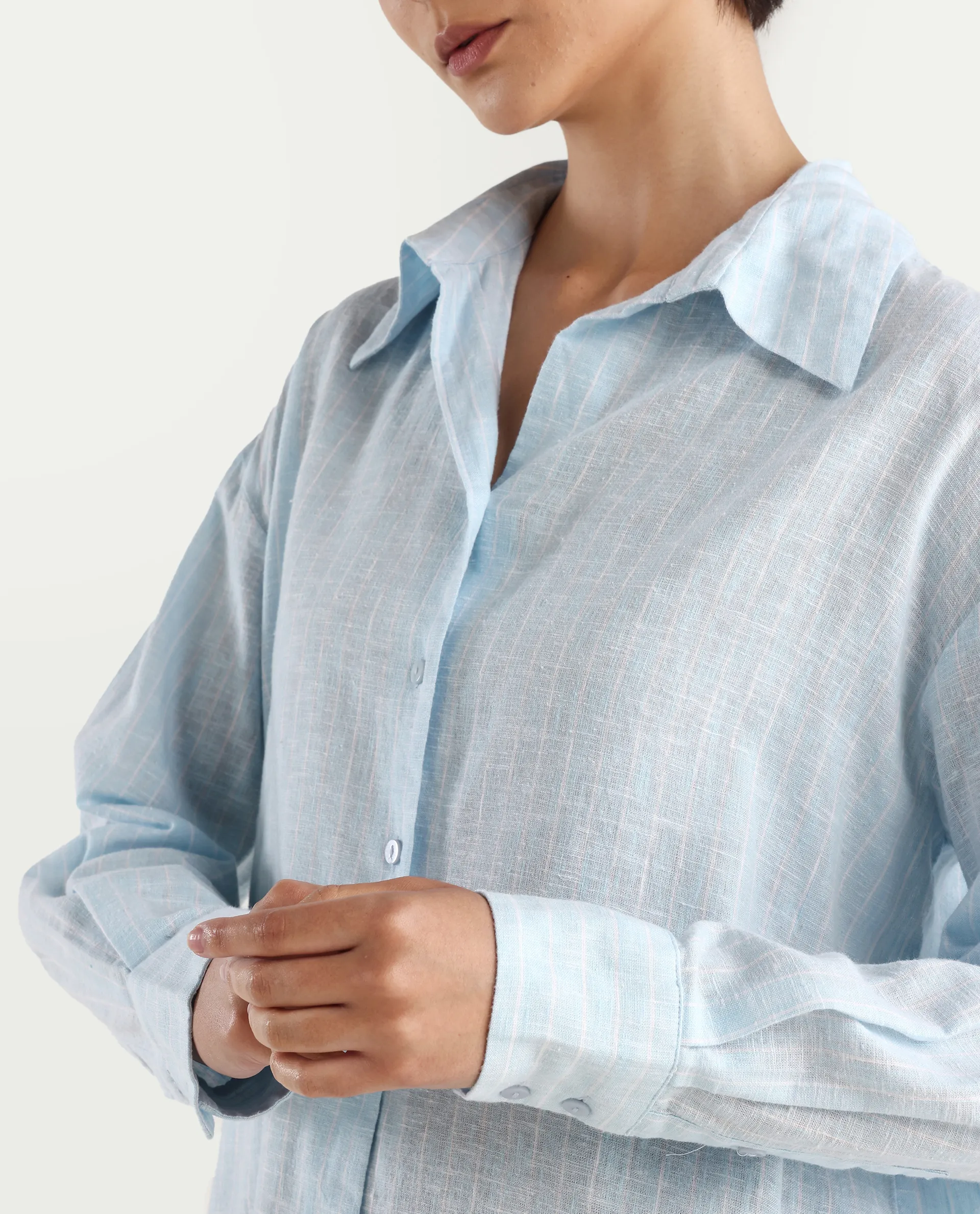 Rareism Women's Nenora Light Blue Linen Spread Collar Boxy Fit Shirt - Image 5