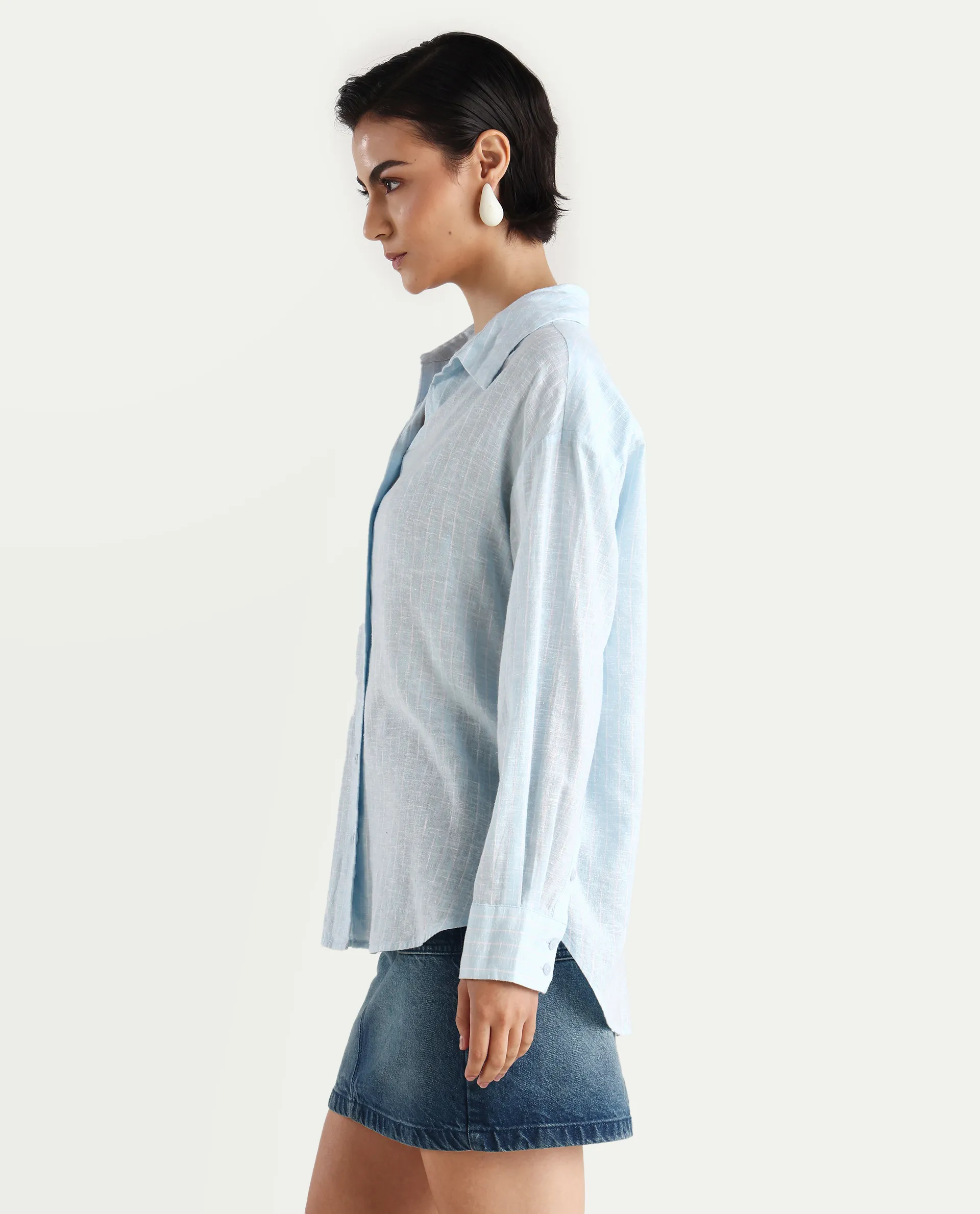 Rareism Women's Nenora Light Blue Linen Spread Collar Boxy Fit Shirt - Image 6