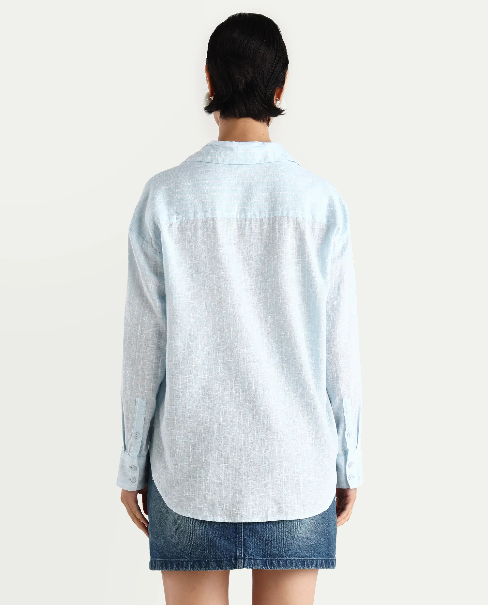 Rareism Women's Nenora Light Blue Linen Spread Collar Boxy Fit Shirt - Image 8