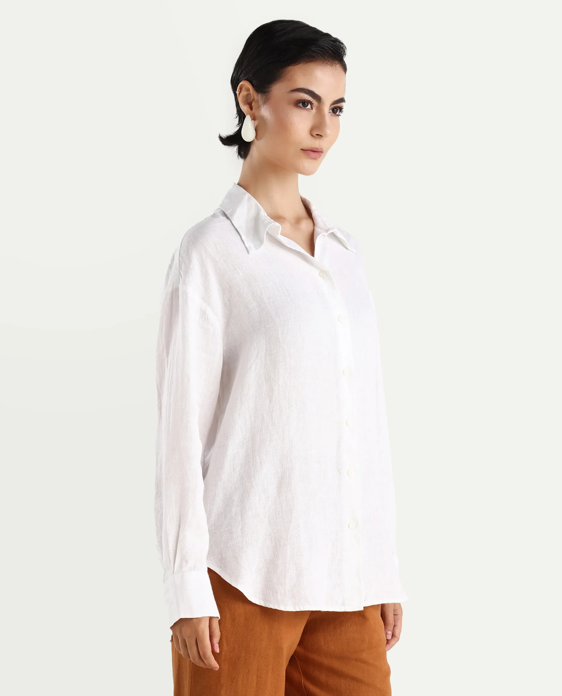 Rareism Women's Nenorat White Linen Spread Collar Boxy Fit Shirt - Image 6