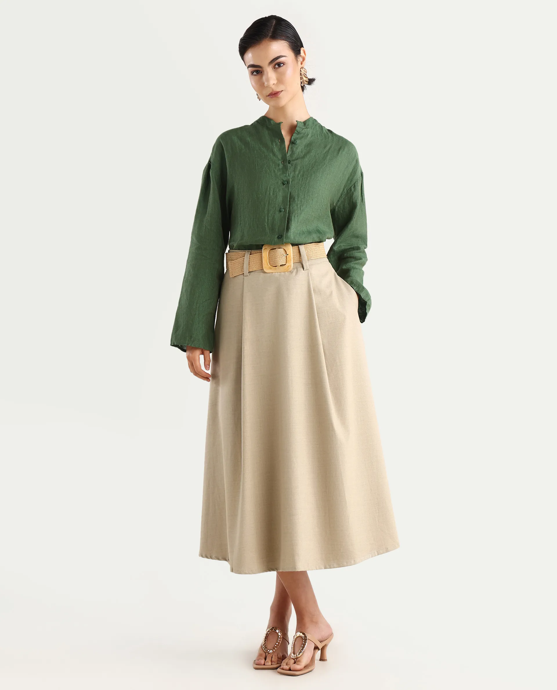 Rareism Women's Nent Dusky Green Linen Mandarin Collar Regular Fit Top - Image 2
