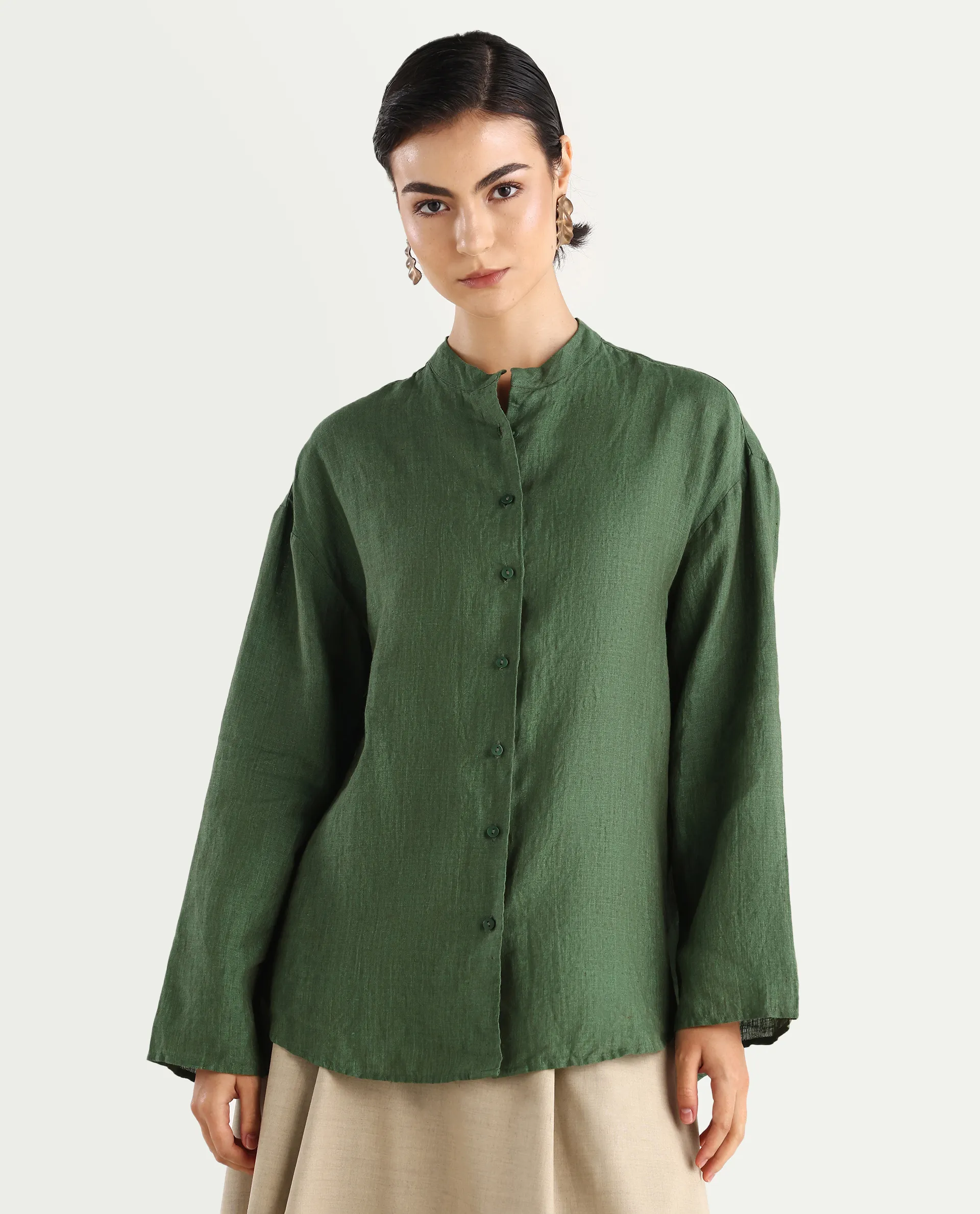 Rareism Women's Nent Dusky Green Linen Mandarin Collar Regular Fit Top - Image 3