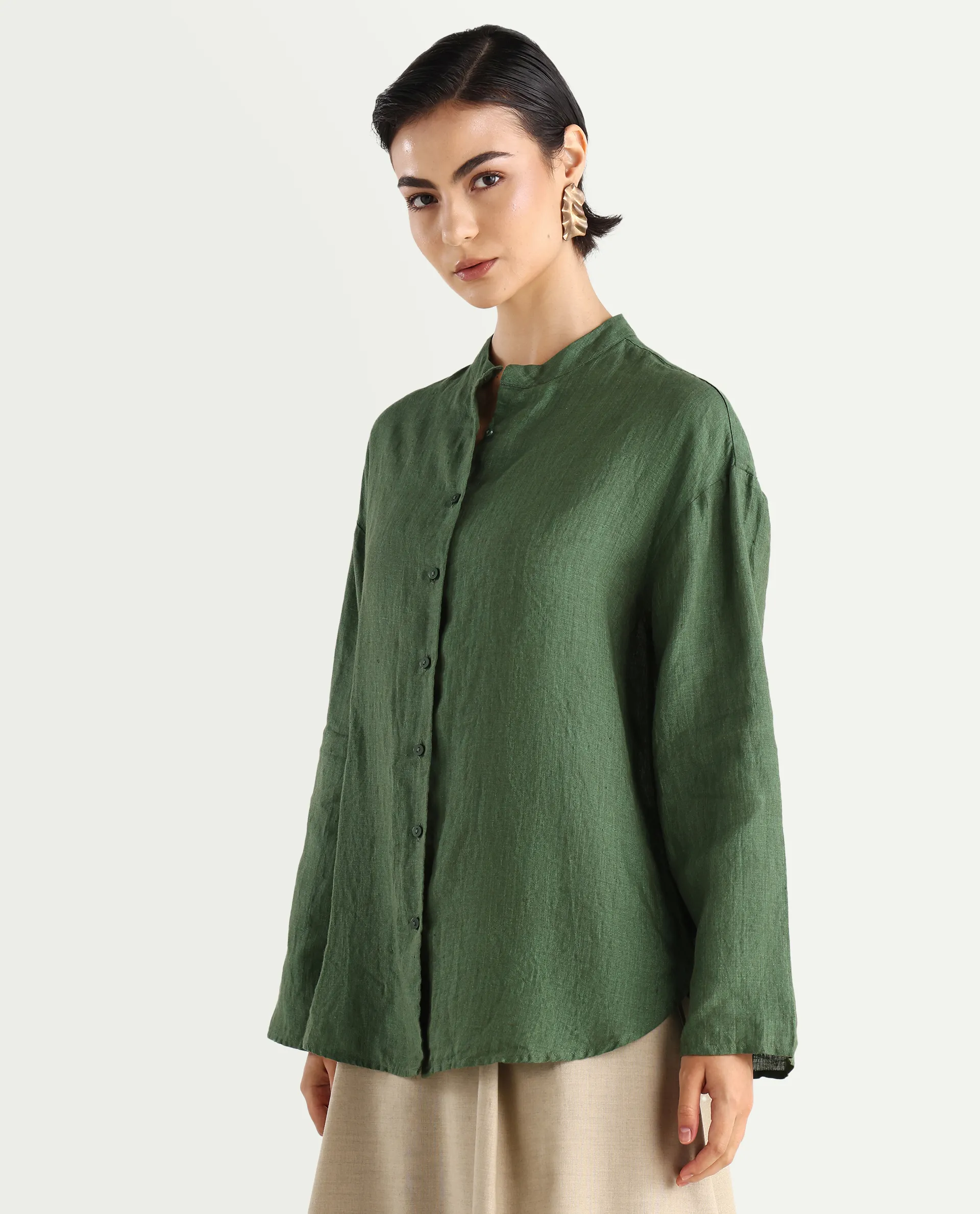 Rareism Women's Nent Dusky Green Linen Mandarin Collar Regular Fit Top - Image 5