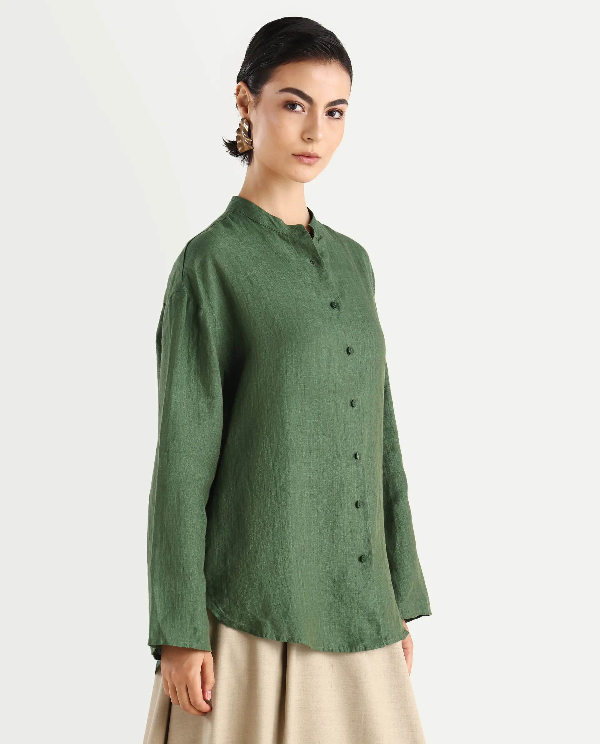 Rareism Women's Nent Dusky Green Linen Mandarin Collar Regular Fit Top - Image 6