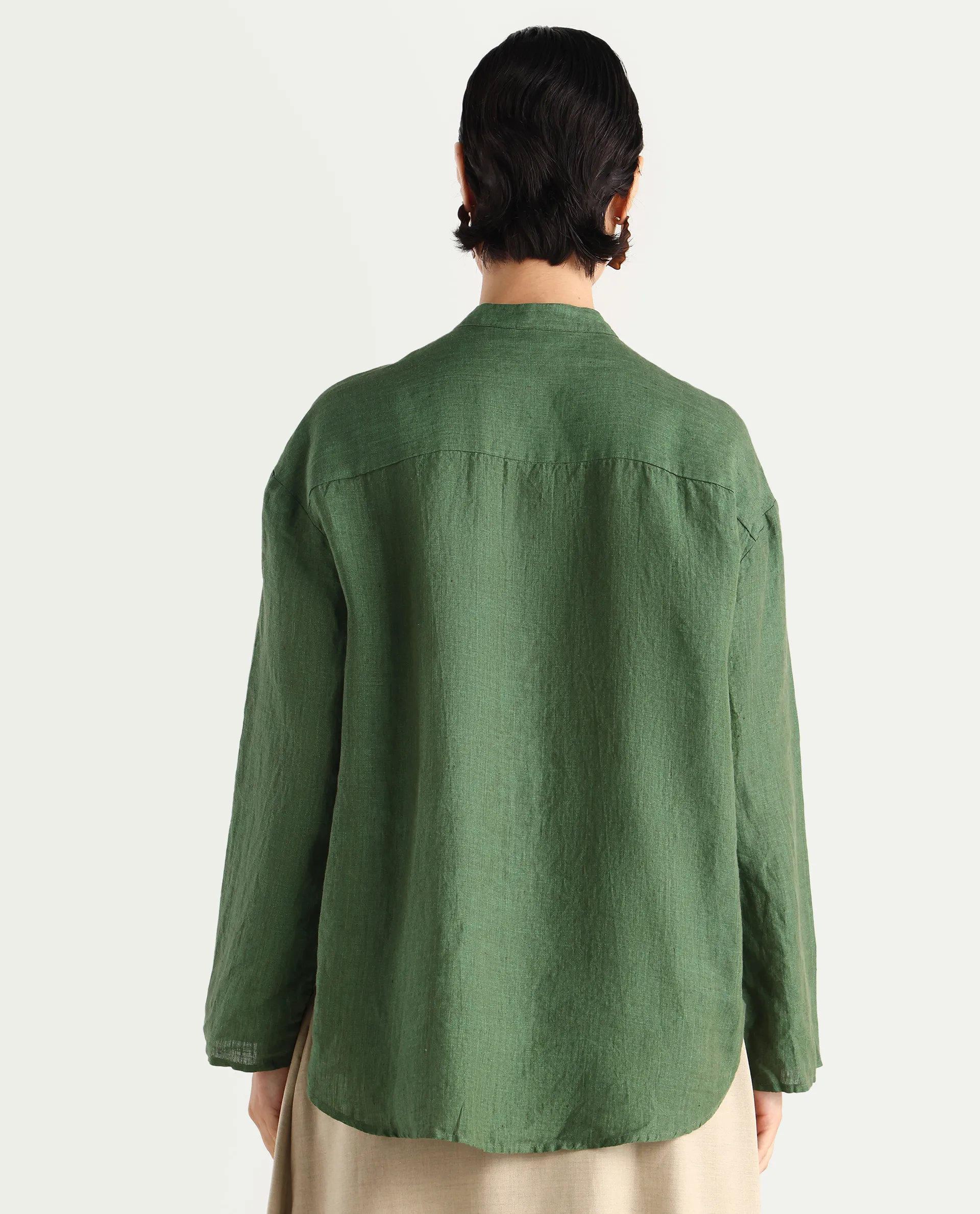 Rareism Women's Nent Dusky Green Linen Mandarin Collar Regular Fit Top - Image 7