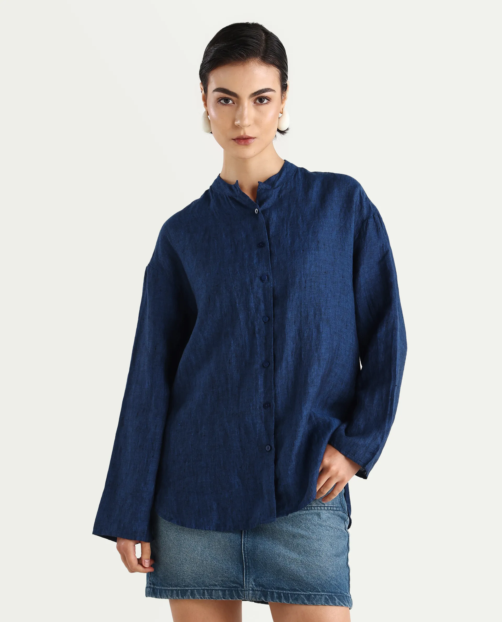 Rareism Women's Nent Navy Linen Mandarin Collar Regular Fit Top - Image 3