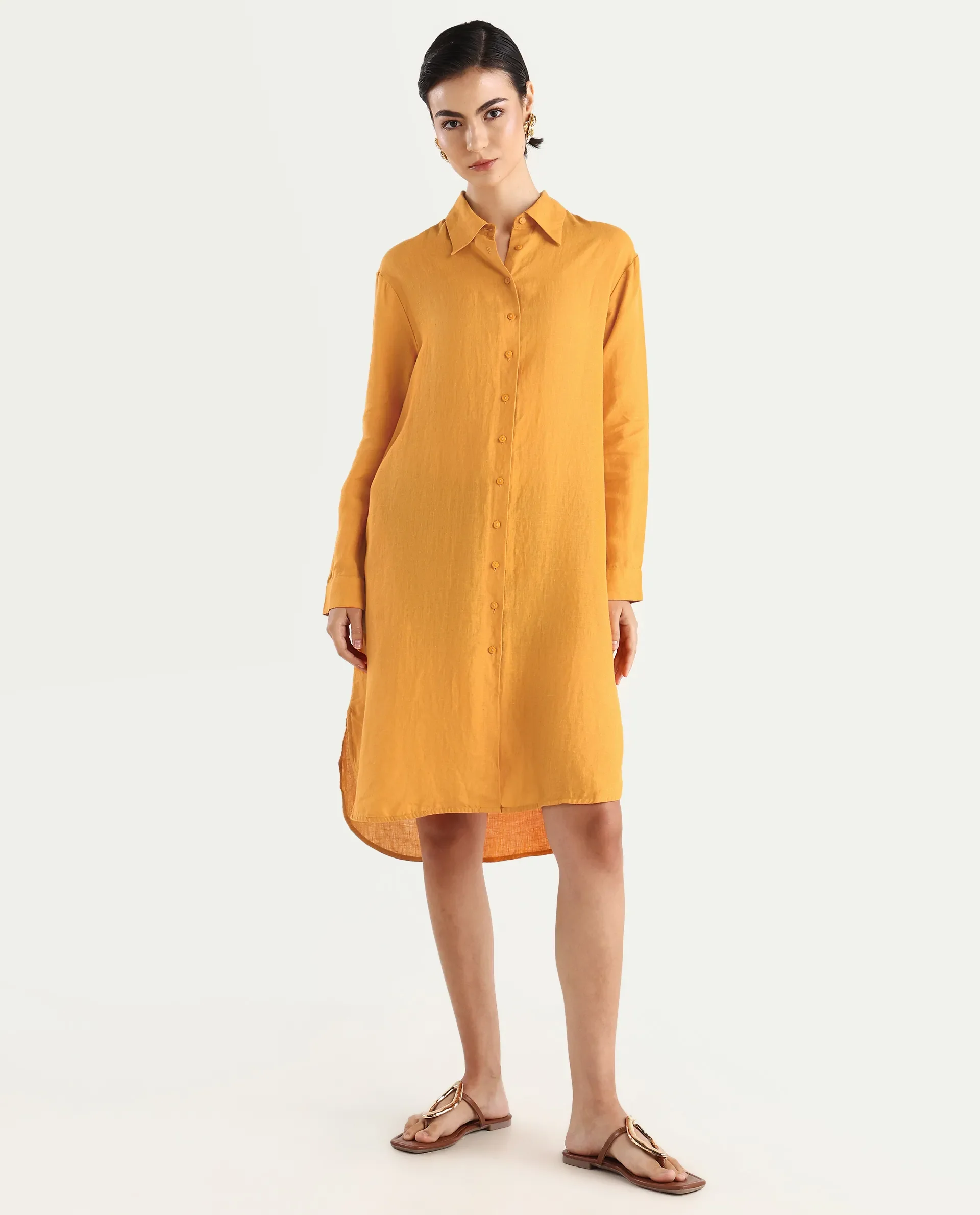 Rareism Women's Nentu Orange Linen Cuffed Sleeve Spread Collar Relaxed Fit Plain Dress - Image 3
