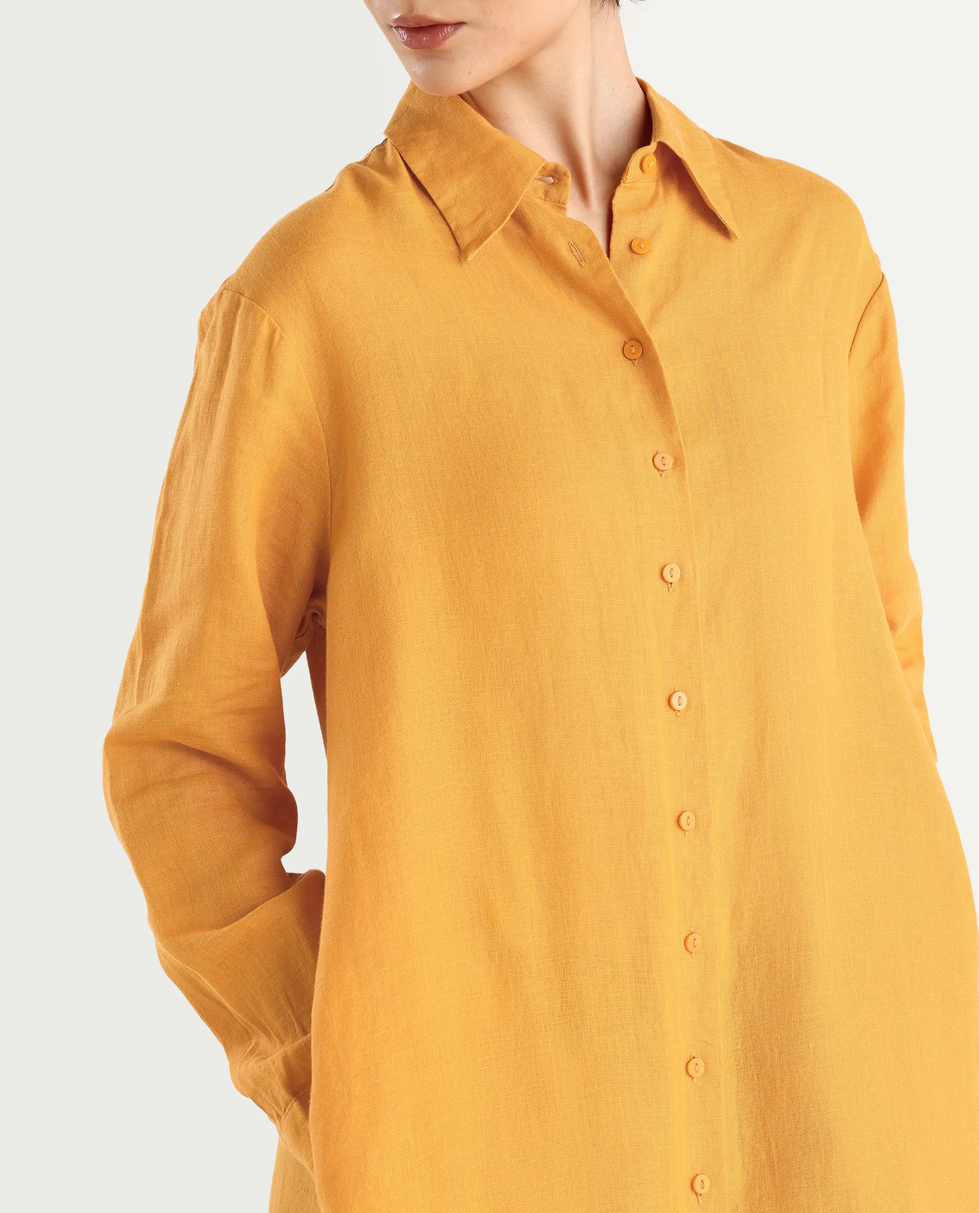 Rareism Women's Nentu Orange Linen Cuffed Sleeve Spread Collar Relaxed Fit Plain Dress - Image 5