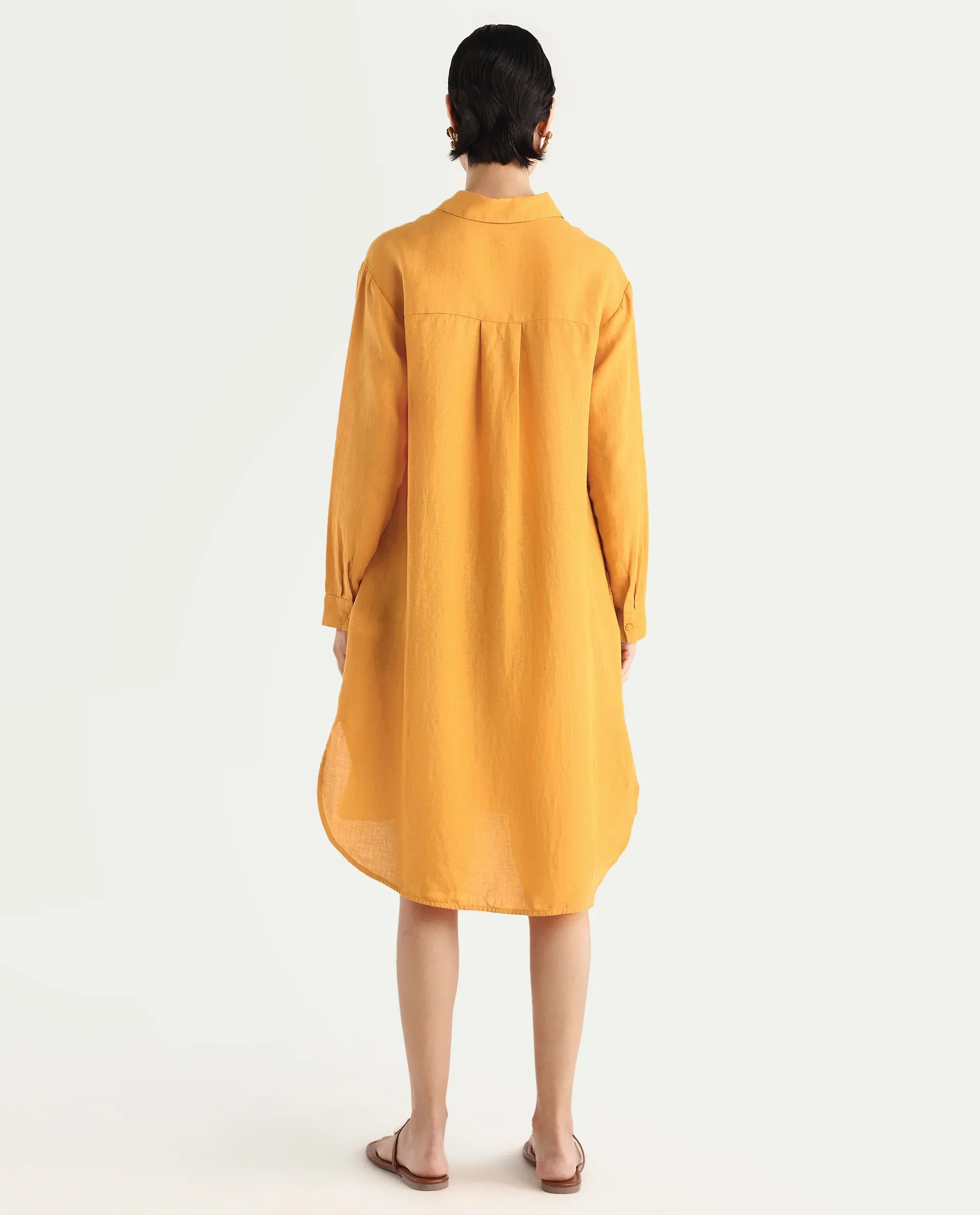 Rareism Women's Nentu Orange Linen Cuffed Sleeve Spread Collar Relaxed Fit Plain Dress - Image 8