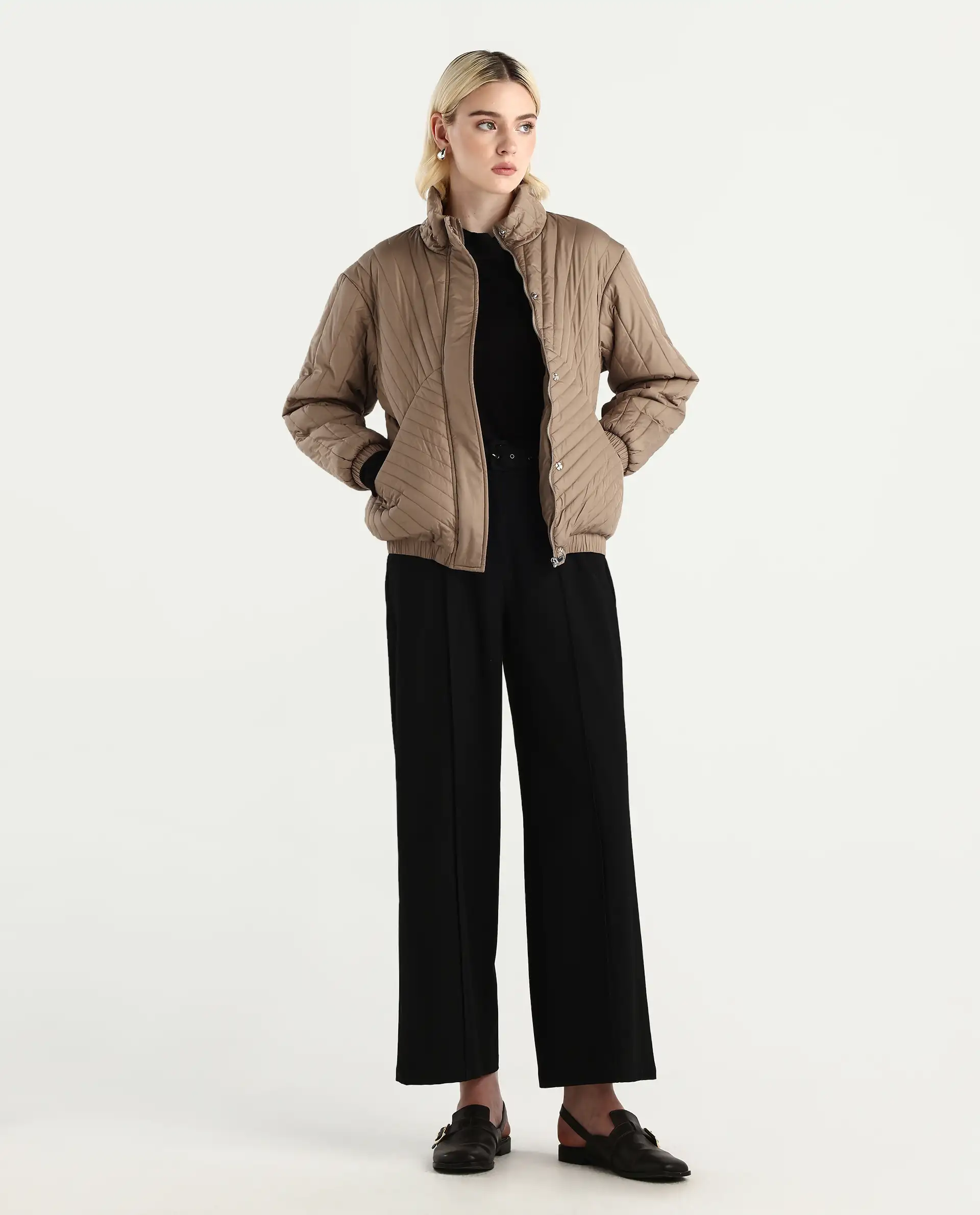 Rareism Women's Nepuf Beige Polyester Regular Sleeve High Neck Regular Fit Plain Jacket