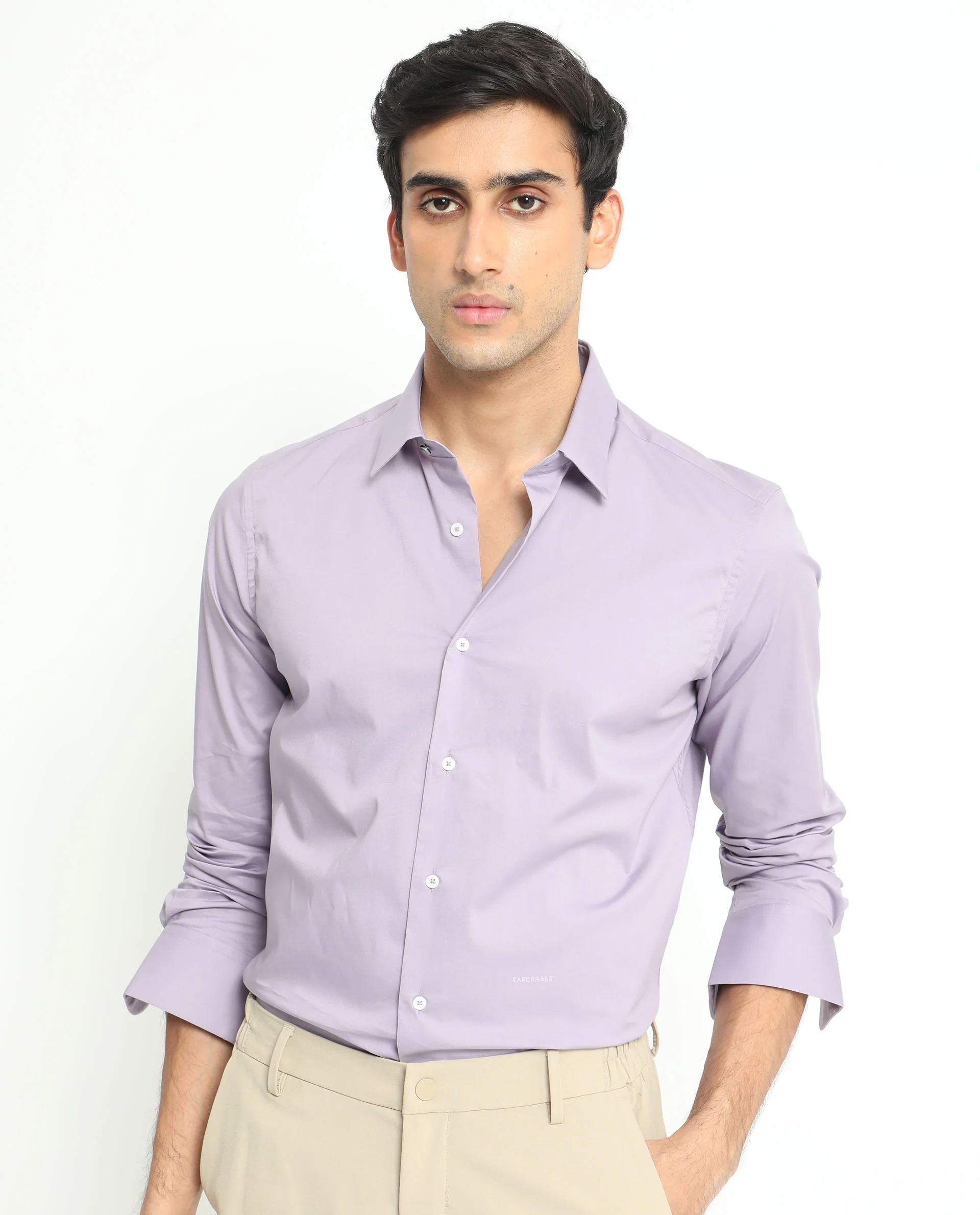 Rare Rabbit Men's Neutons Light Purple Cotton Plain Regular Fit Full Sleeve Collared Shirt