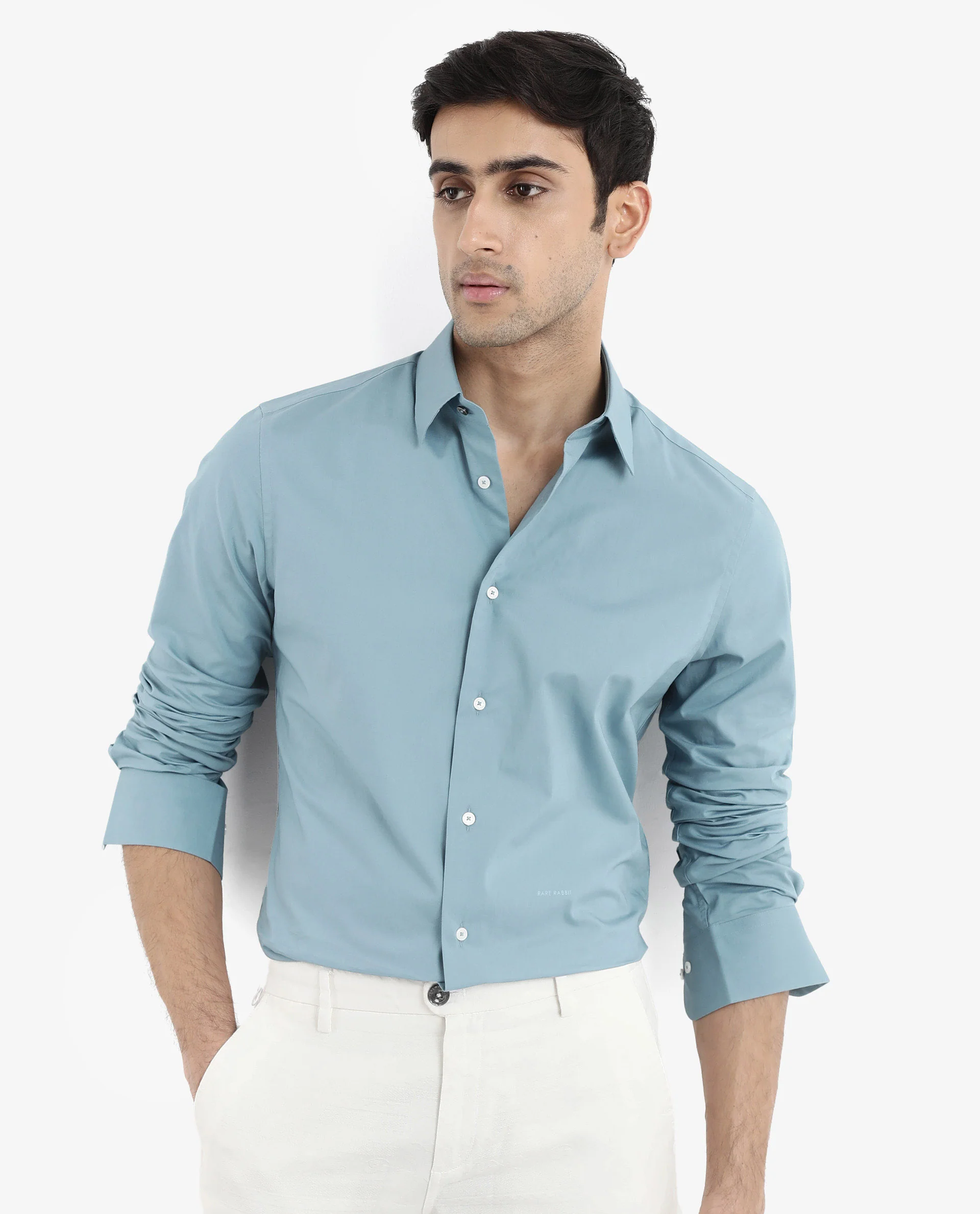 Rare Rabbit Men's Neutron-9 Turq Cotton Plain Regular Fit Full Sleeve Collared Shirt