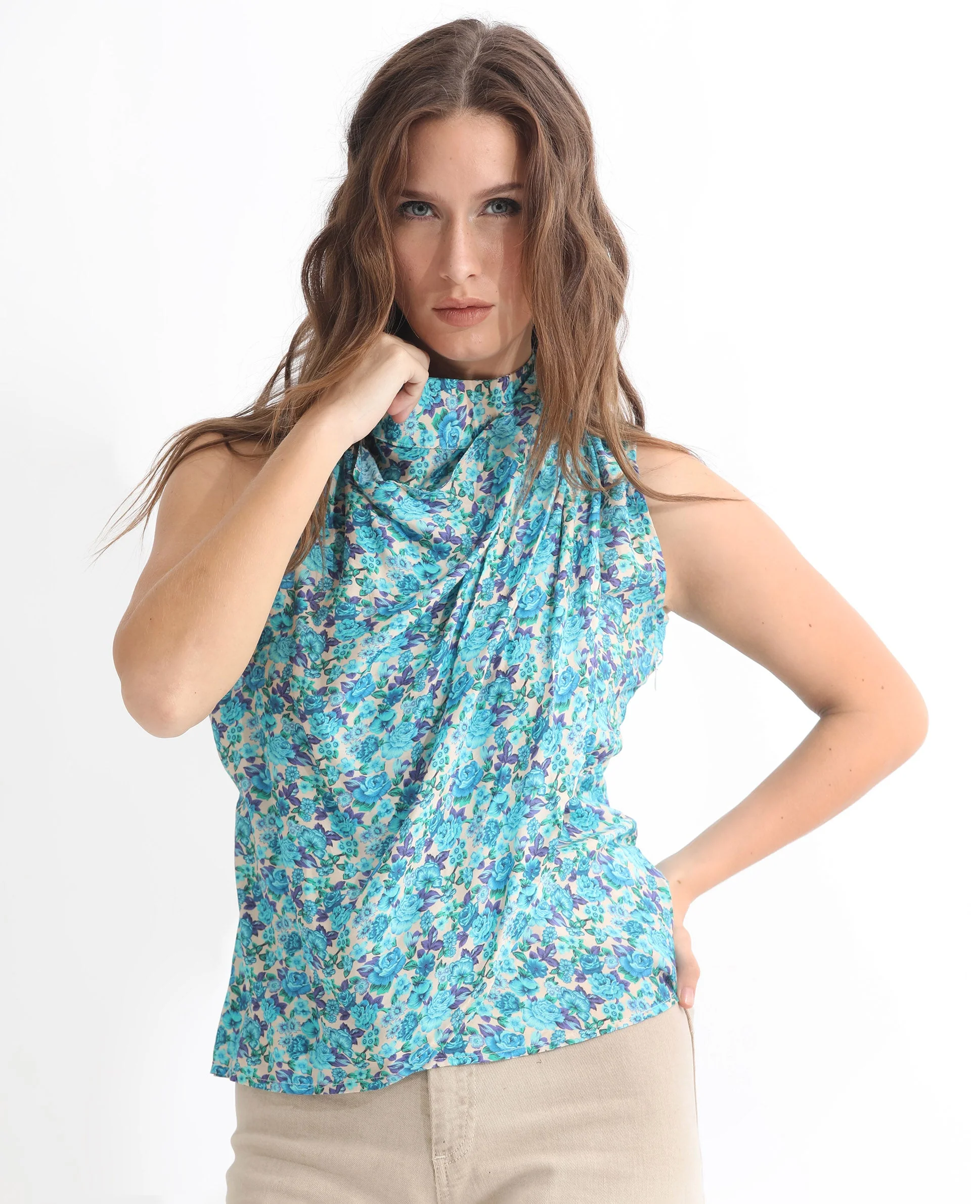 Rareism Women's Never Blue Cotton Blend High Neck Floral Print Sleeveless Tailored Top