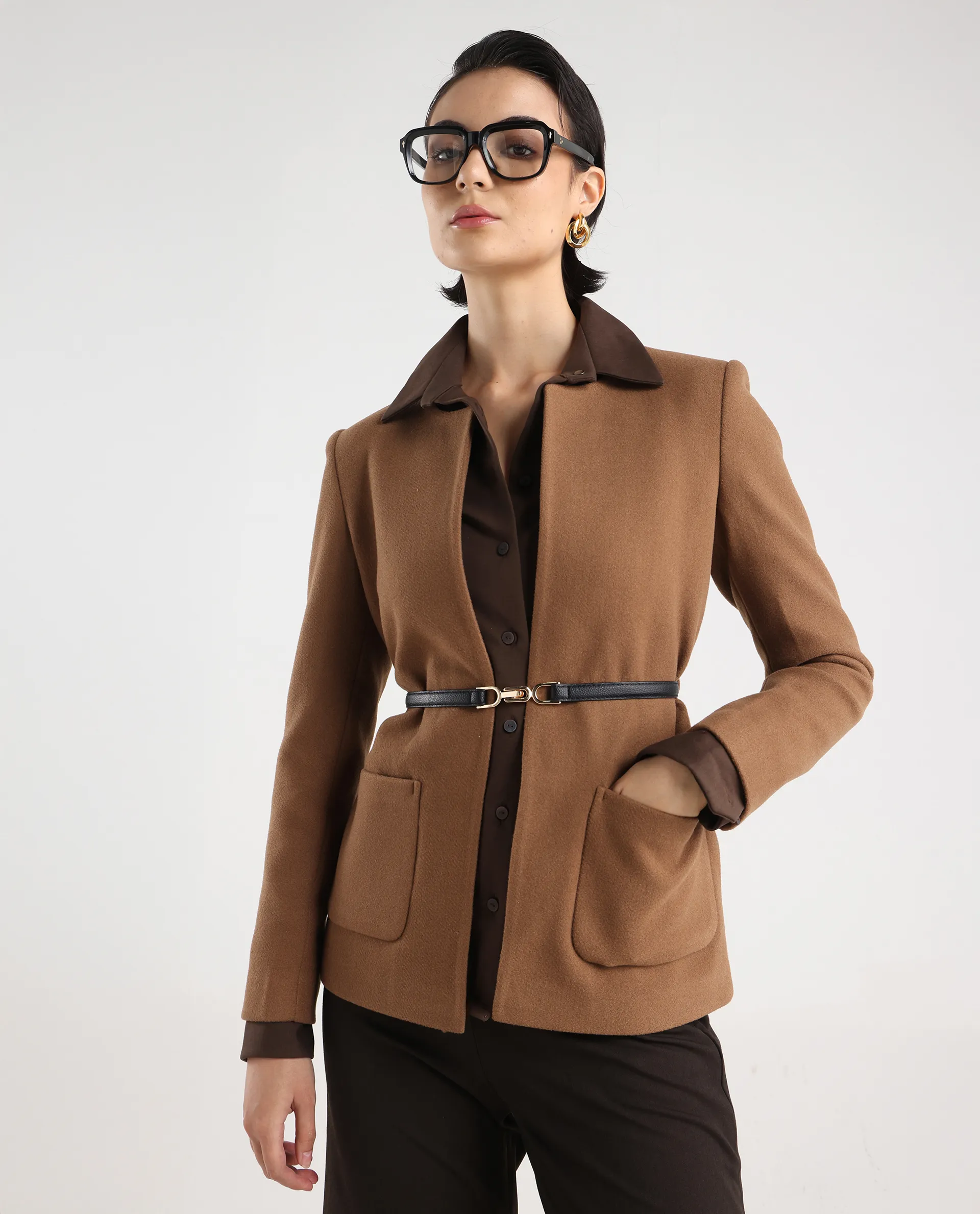 Rareism Women's Nexmar Tan Polyester Blend Jacket Plain Jacket