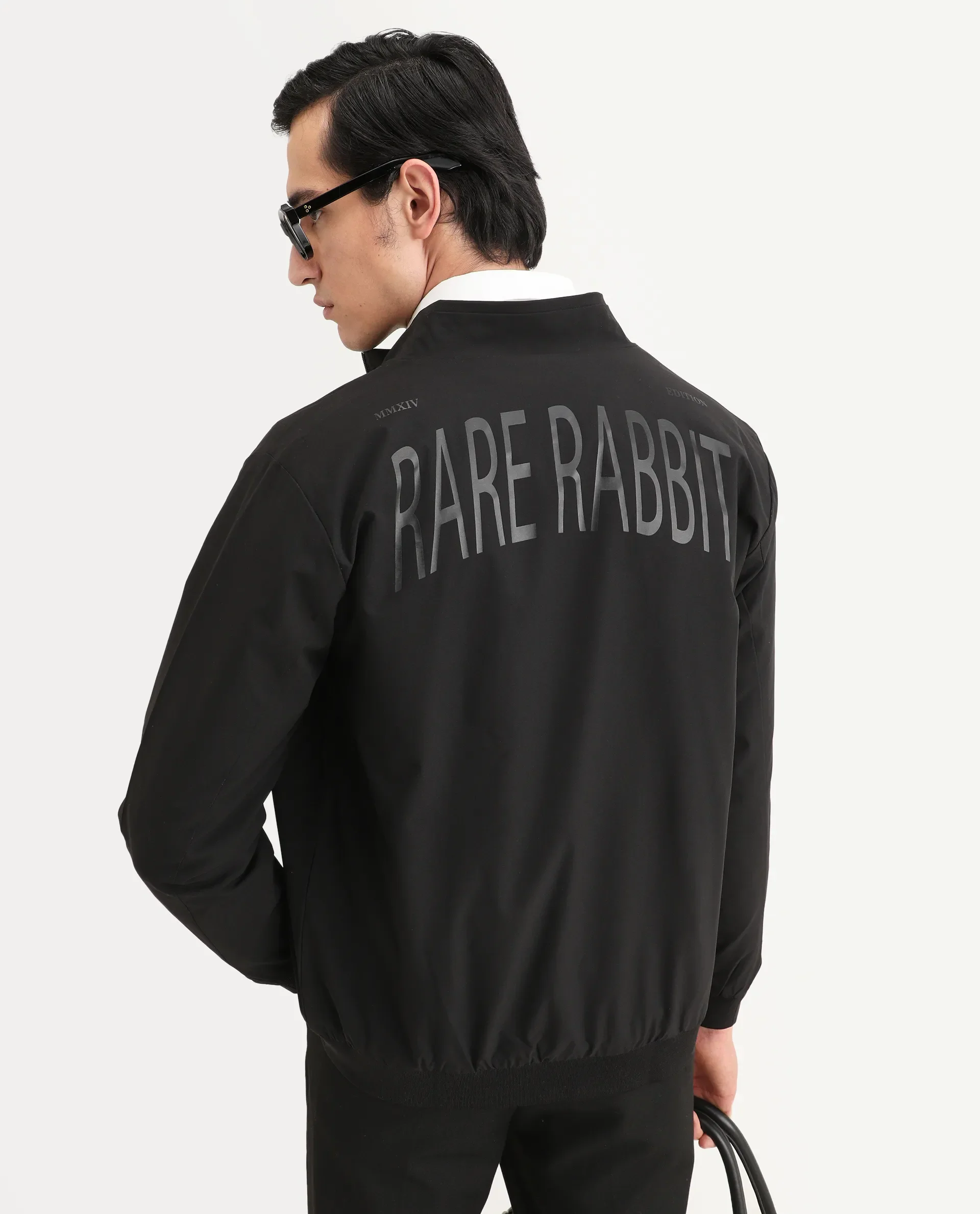 Rare Rabbit Men's Niger Black Polyester Typography Print Relaxed Fit Full Sleeve High Neck Jacket