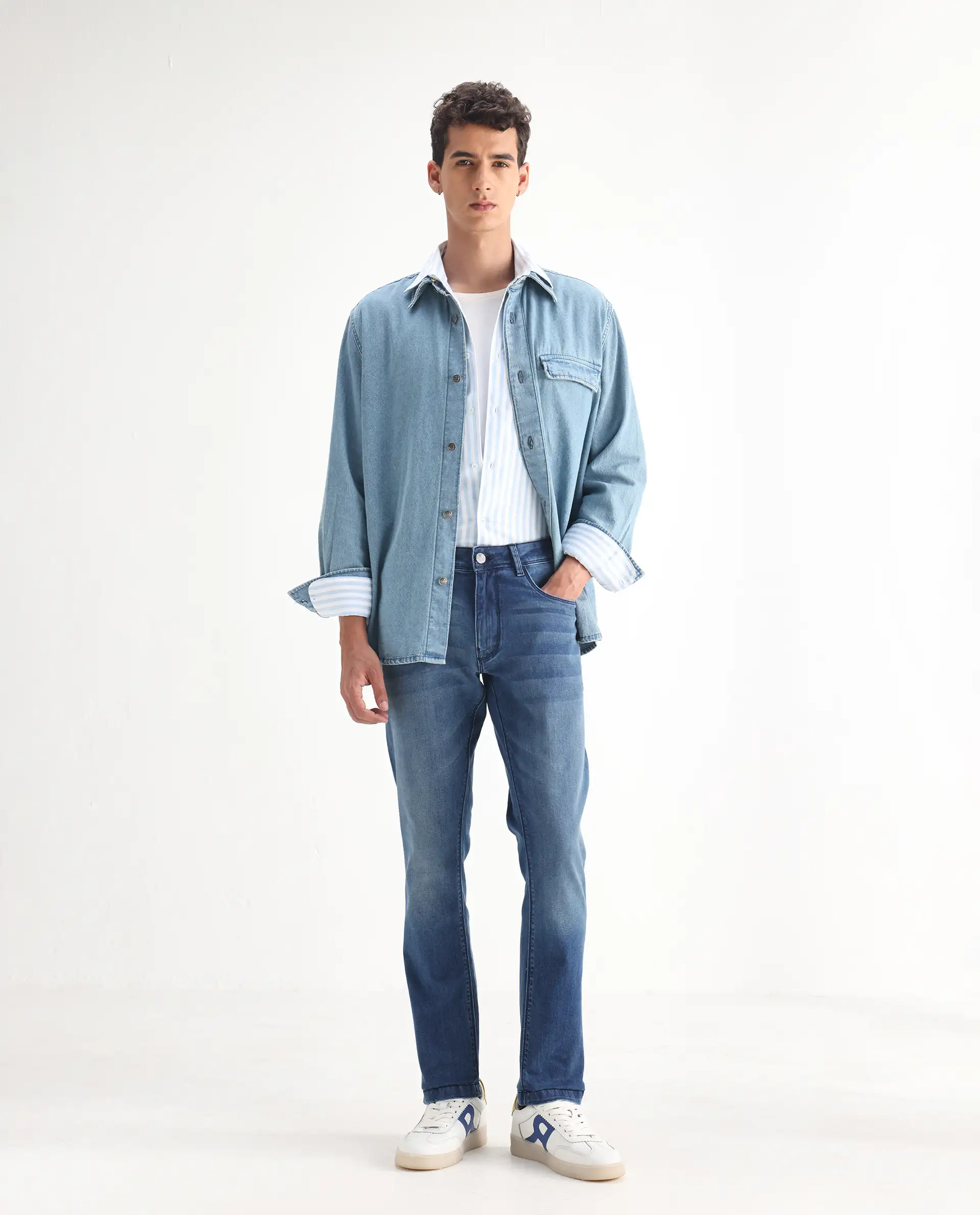Rare Rabbit Men's Night Light Blue Cotton Plain Hawk Slim Fit Jeans
