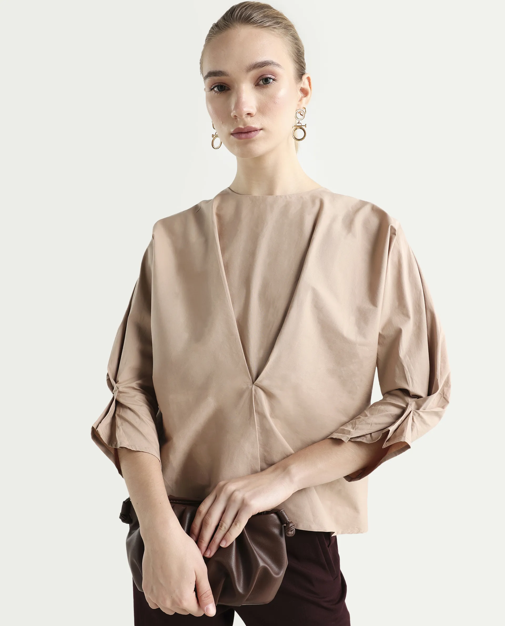 Rareism Women's Niloc - Beige Cotton Blend Crew Neck Plain Fashion Sleeve Relaxed Fit Top