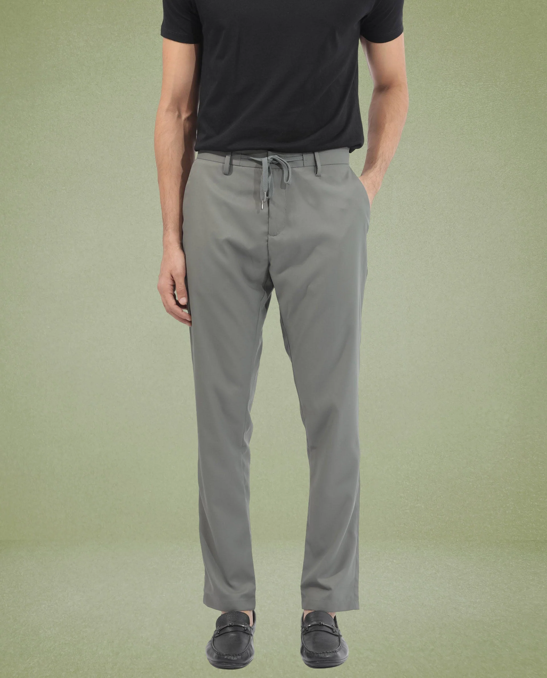 Rare Rabbit Men's Nimb Dusky Green Polyester Fabric Drawstring And Button Closure High Rise Regular Fit Solid Trousers