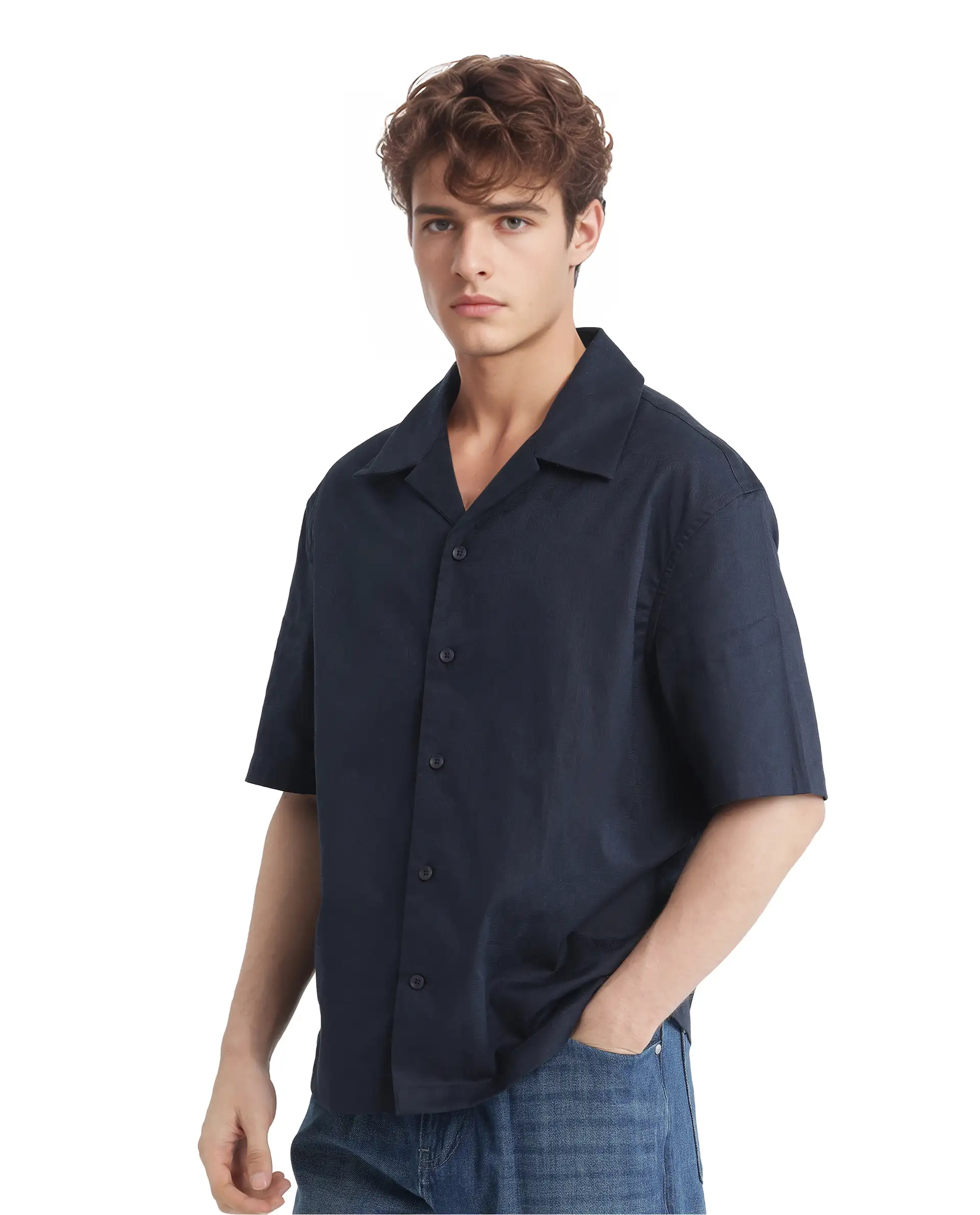 Rare Rabbit Men's Nino Navy Cotton Plain Boxy Fit Half Sleeve Cuban Collar Shirt