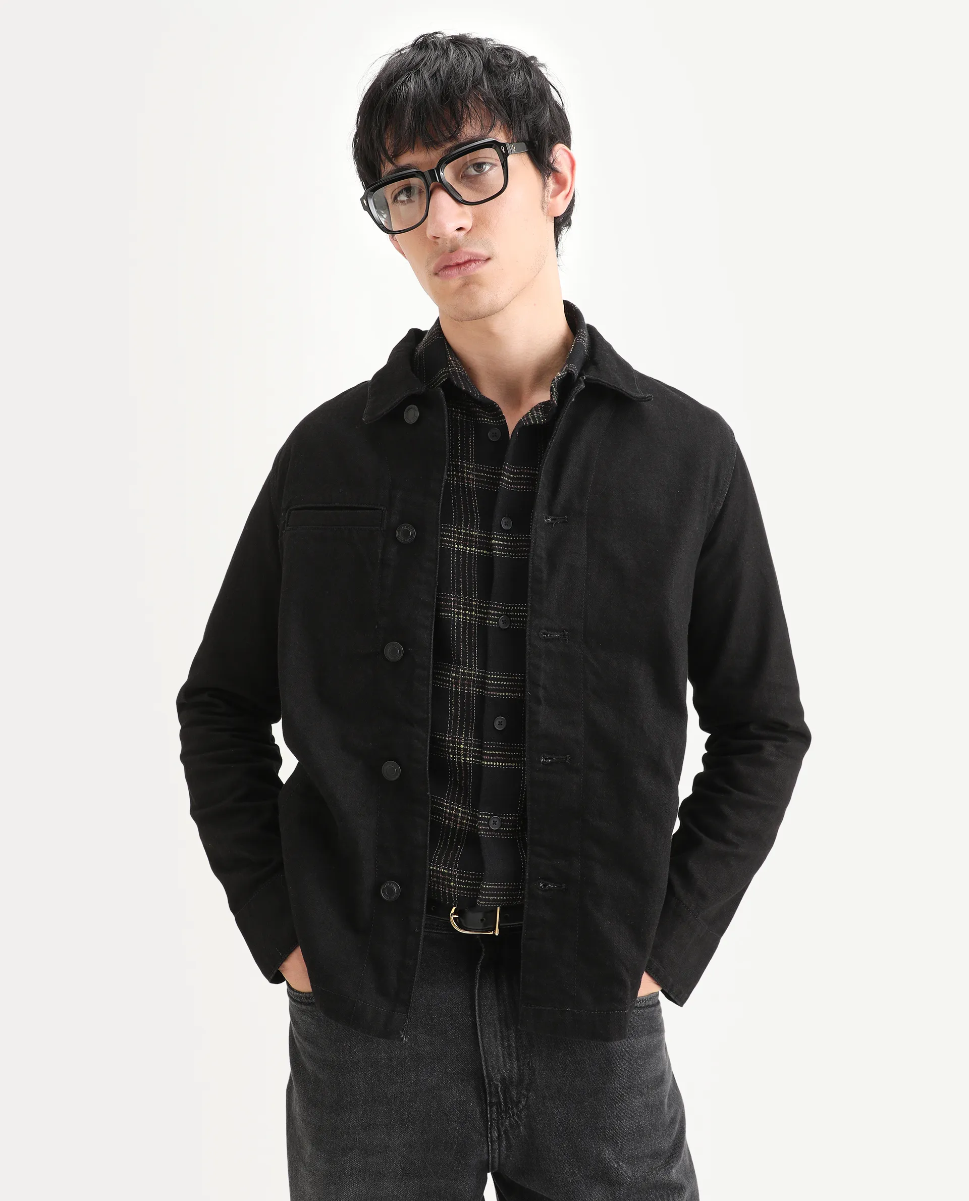 Rare Rabbit Men's Nio Black Cotton Plain Regular Fit Full Sleeve Spread Collar Jacket