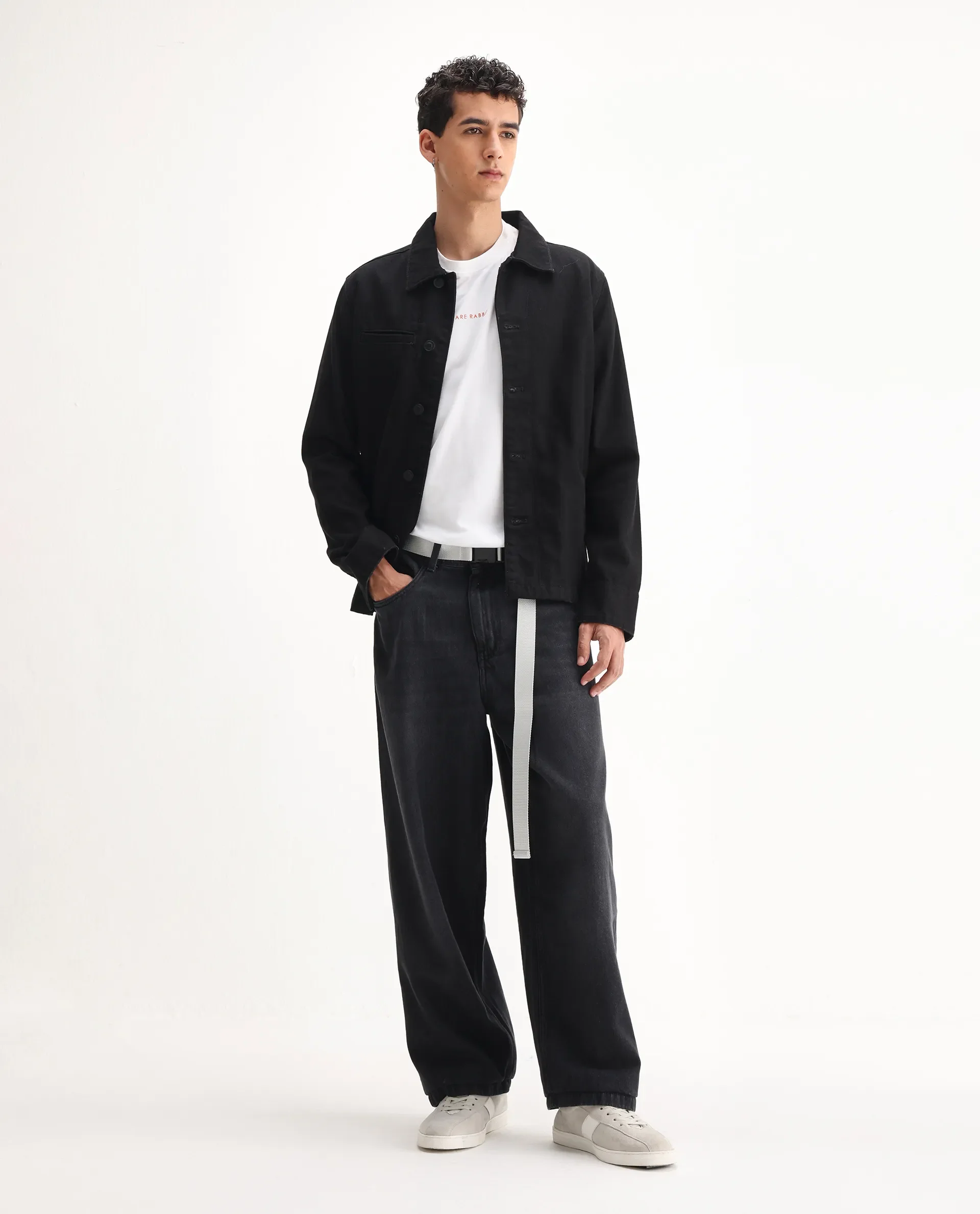Rare Rabbit Men's Niret Dark Grey Cotton Plain Baggy Fit Jeans