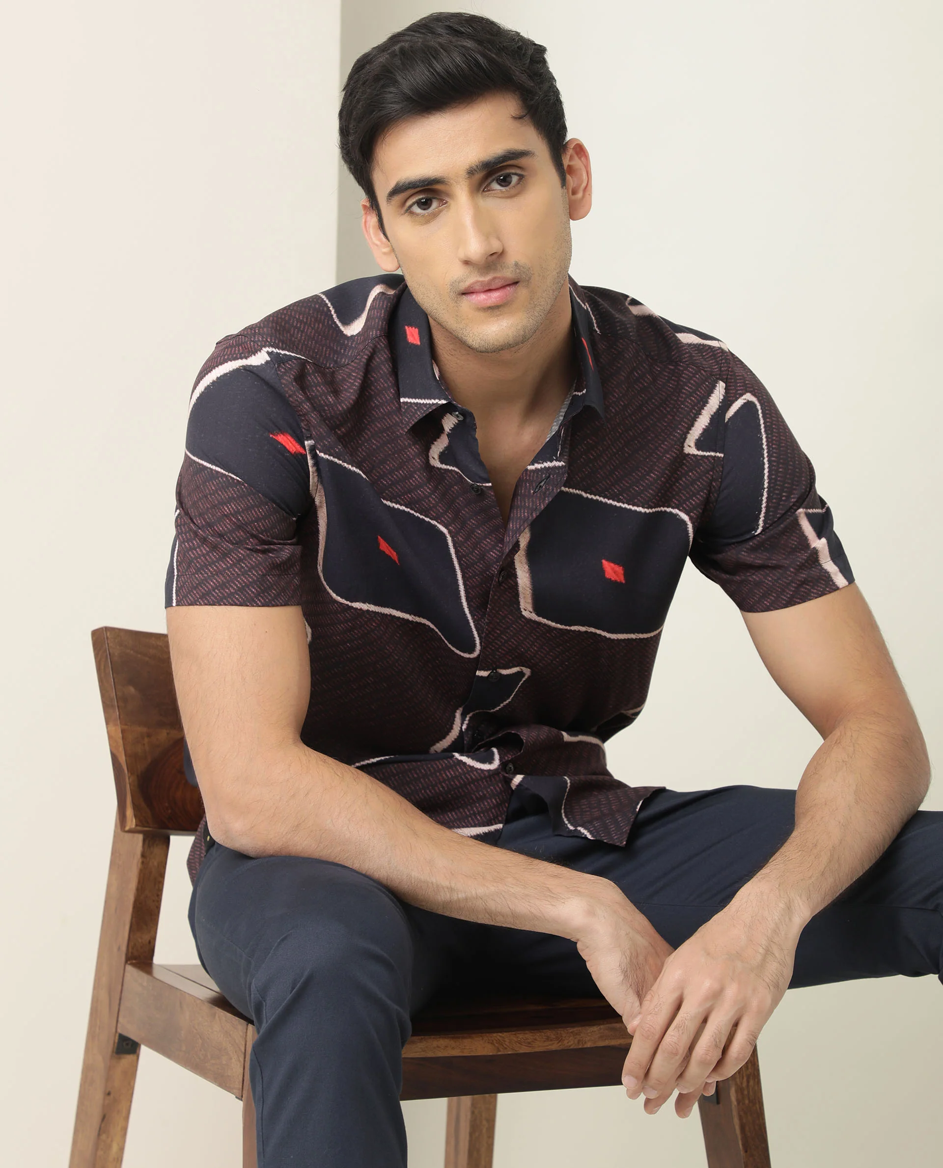Rare Rabbit Men's Nistic Brown Viscose Geometric Print Regular Fit Half Sleeve Collared Shirt