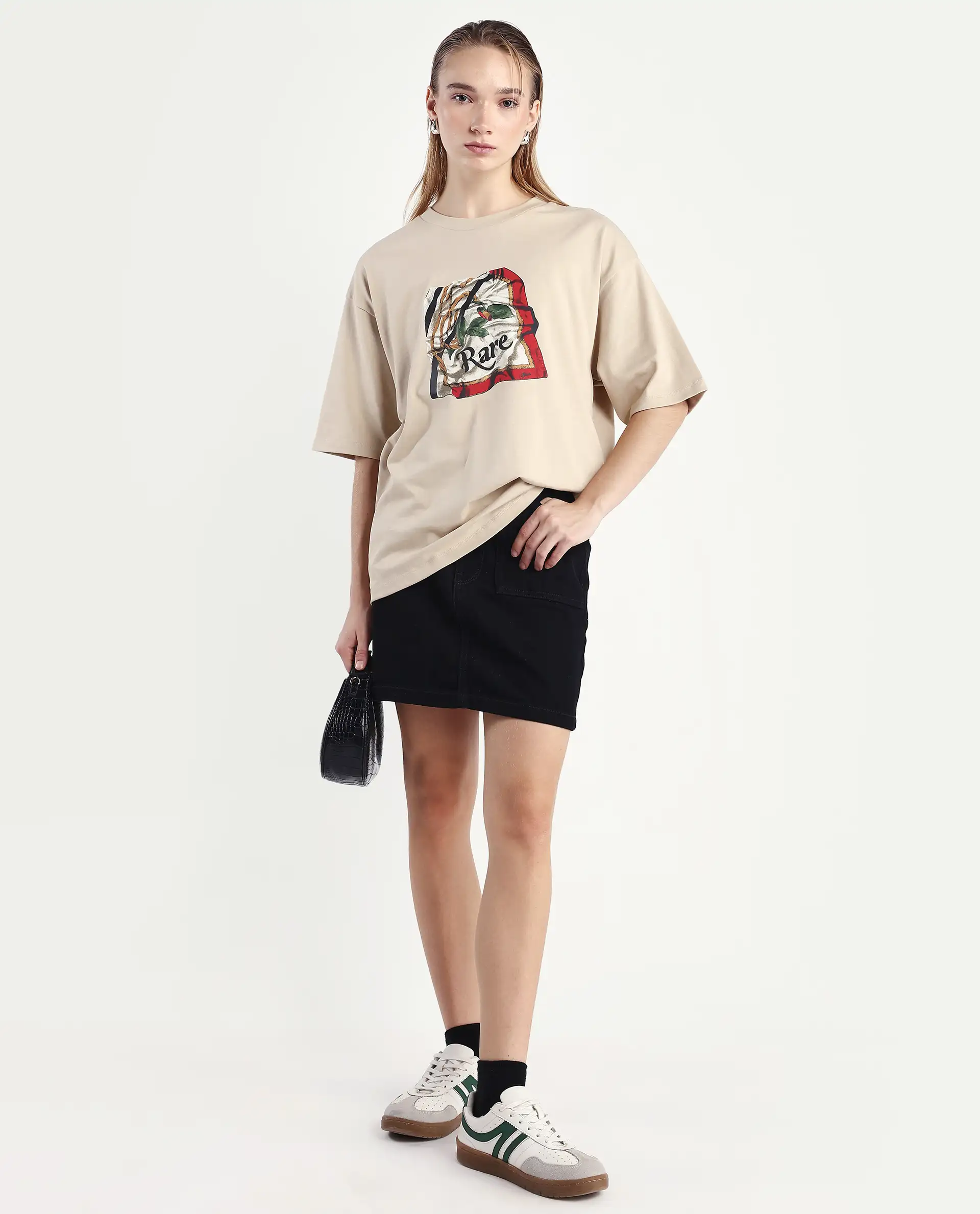 Rareism Women's Nouv Beige Cotton Crew Neck Oversized Fit T-Shirt - Image 2