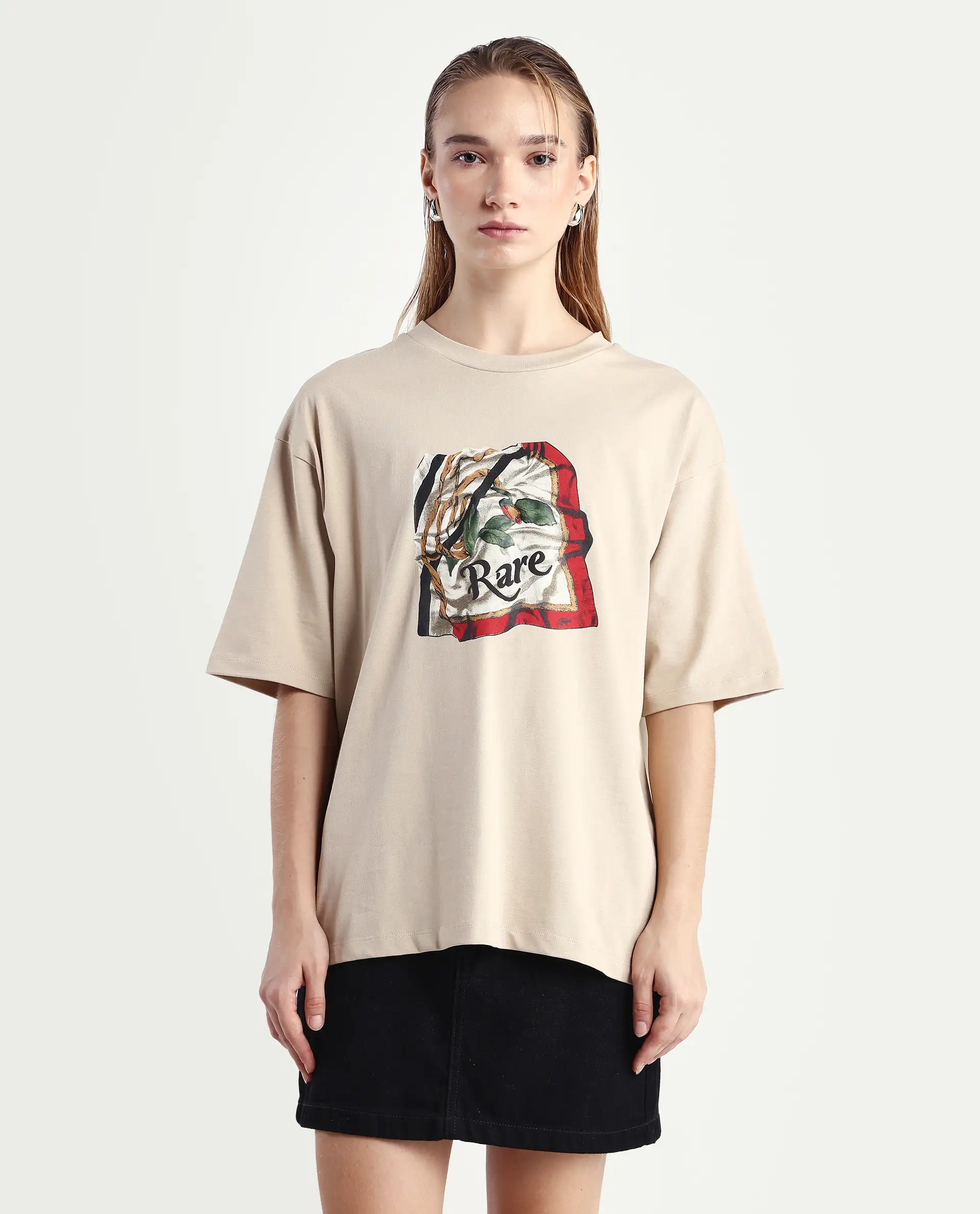 Rareism Women's Nouv Beige Cotton Crew Neck Oversized Fit T-Shirt - Image 3
