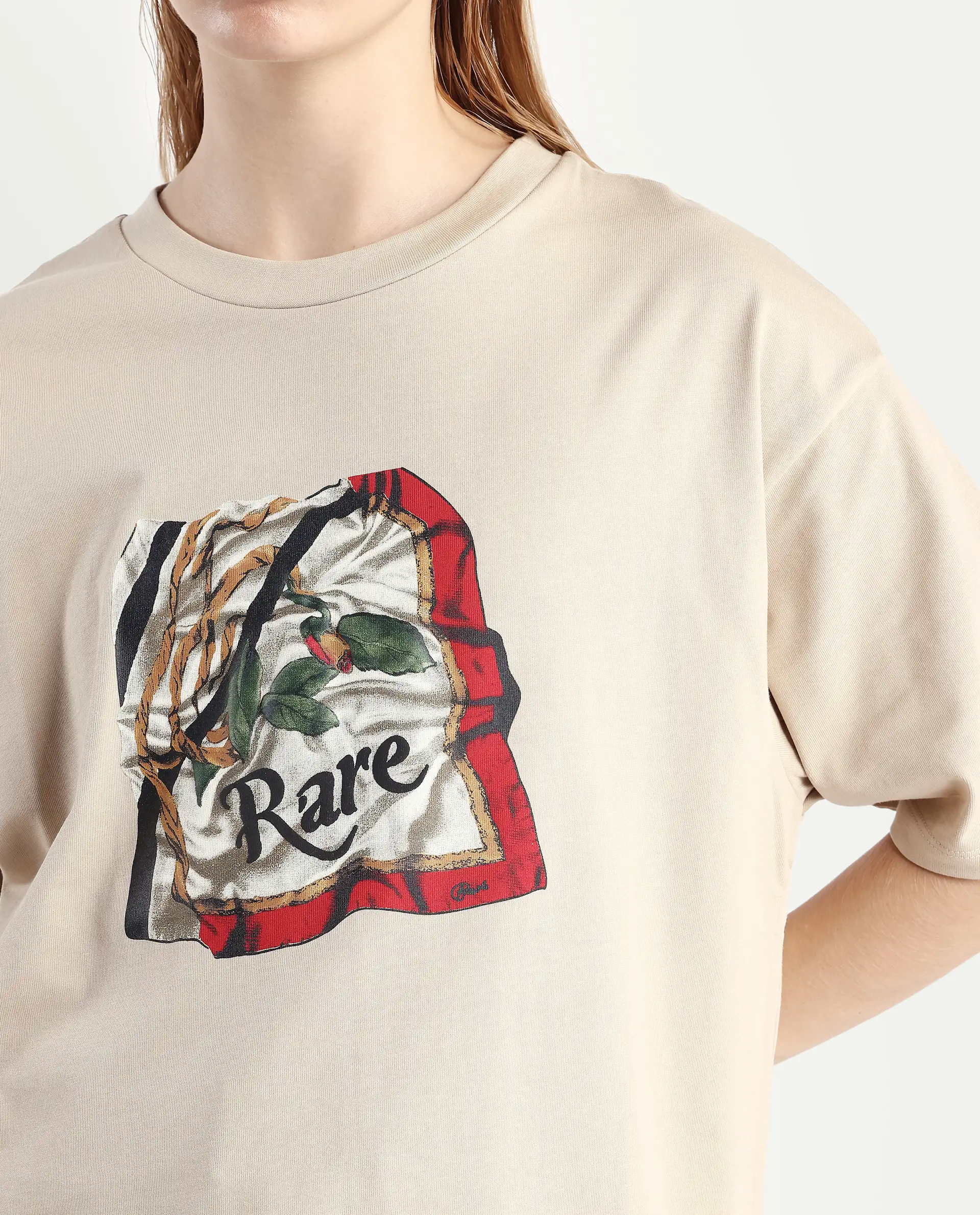 Rareism Women's Nouv Beige Cotton Crew Neck Oversized Fit T-Shirt - Image 4