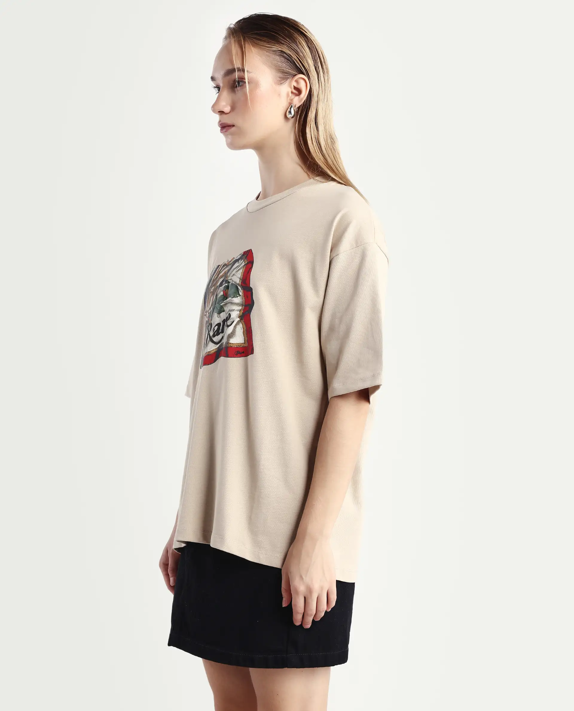 Rareism Women's Nouv Beige Cotton Crew Neck Oversized Fit T-Shirt - Image 5