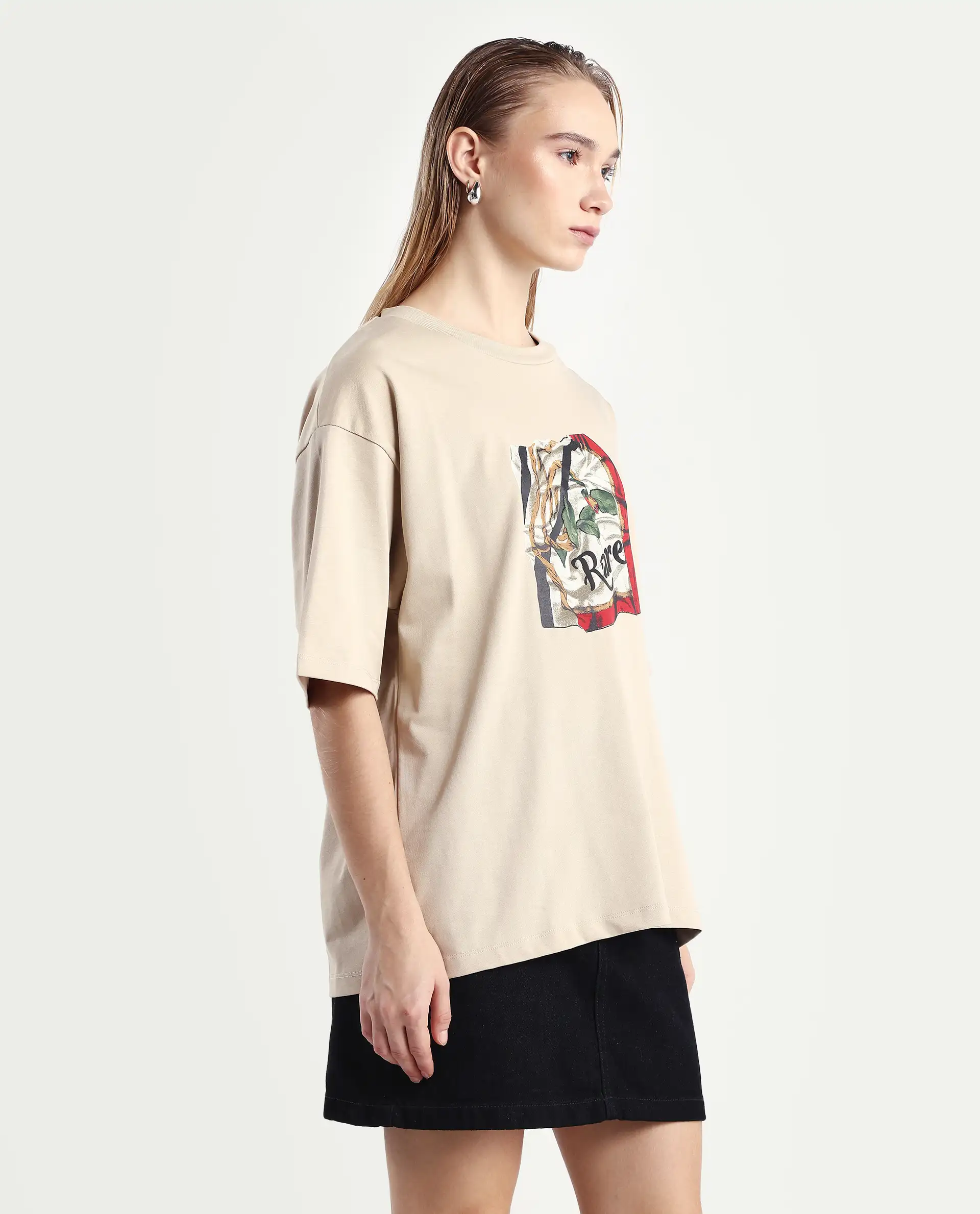 Rareism Women's Nouv Beige Cotton Crew Neck Oversized Fit T-Shirt - Image 6