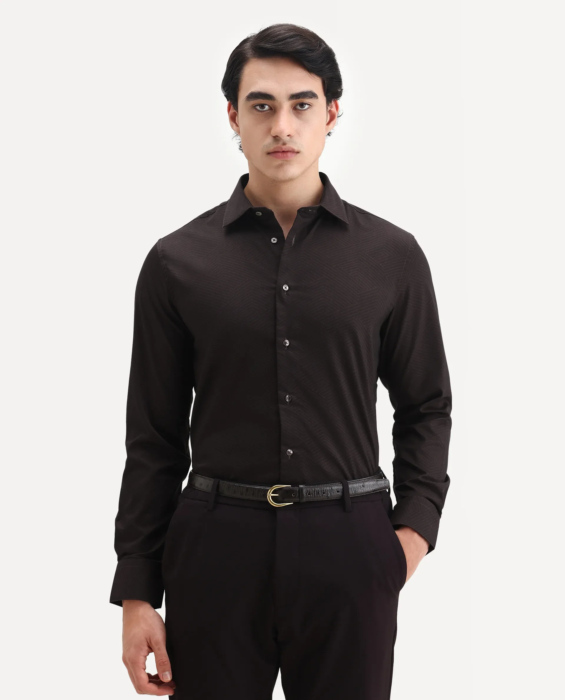 Rare Rabbit Men's Noven Maroon Cotton Geometric Print Regular Fit Full Sleeve Collared Shirt