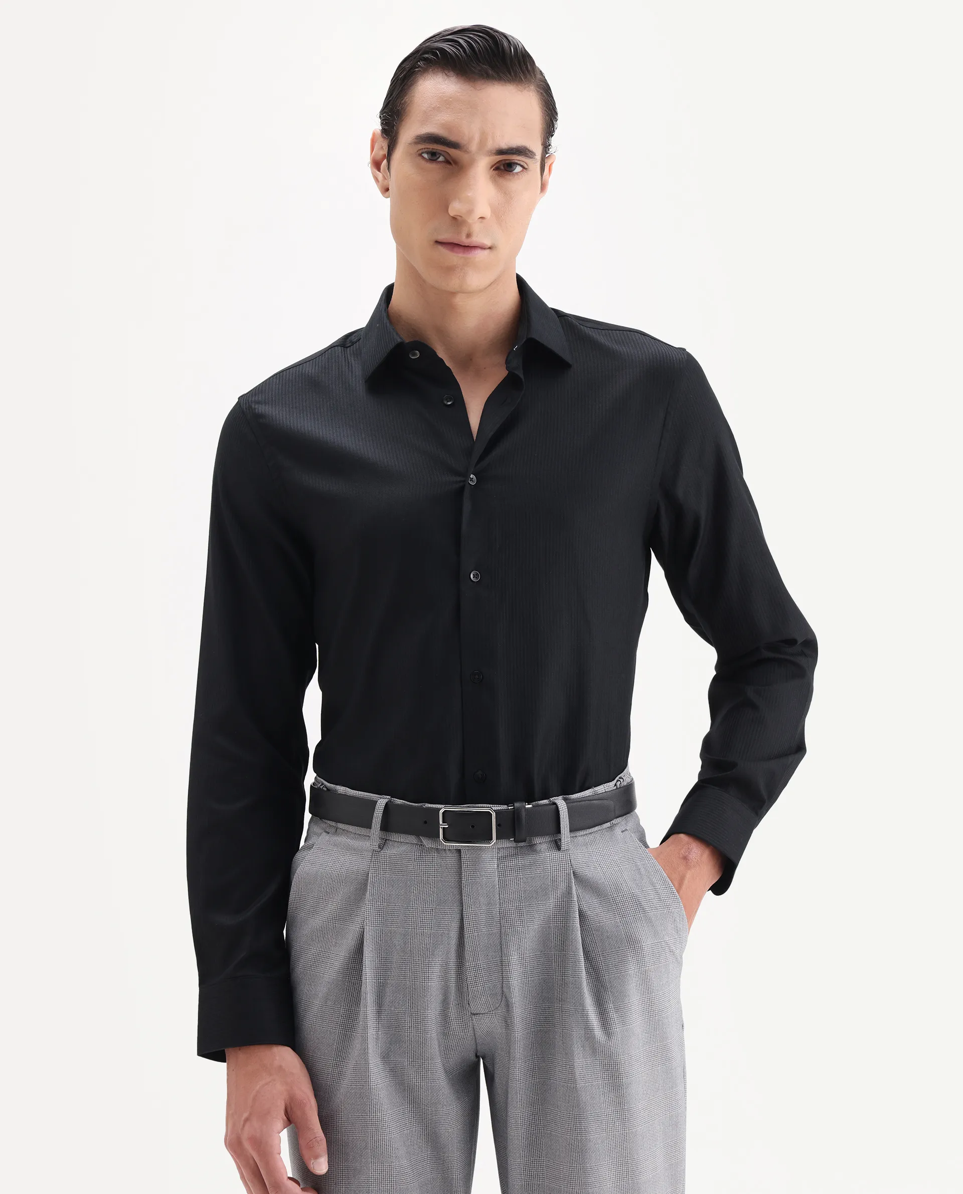 Rare Rabbit Men's Novo-25 Black Cotton Fabric Spread Collar Regular Plain Shirt