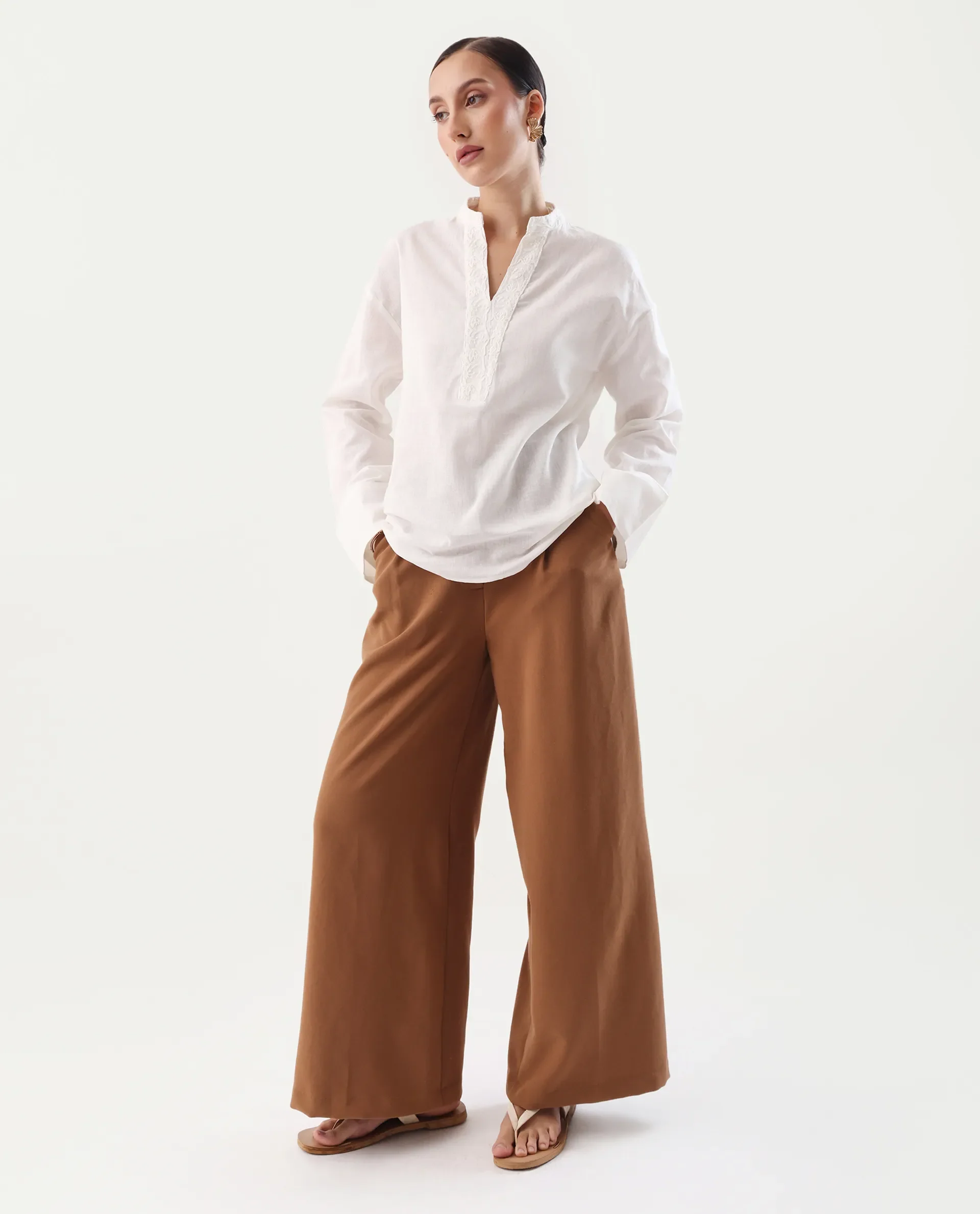 Rareism Women's Nubank Off White Cotton Blend Mandarin Collar Regular Fit Plain Top - Image 2