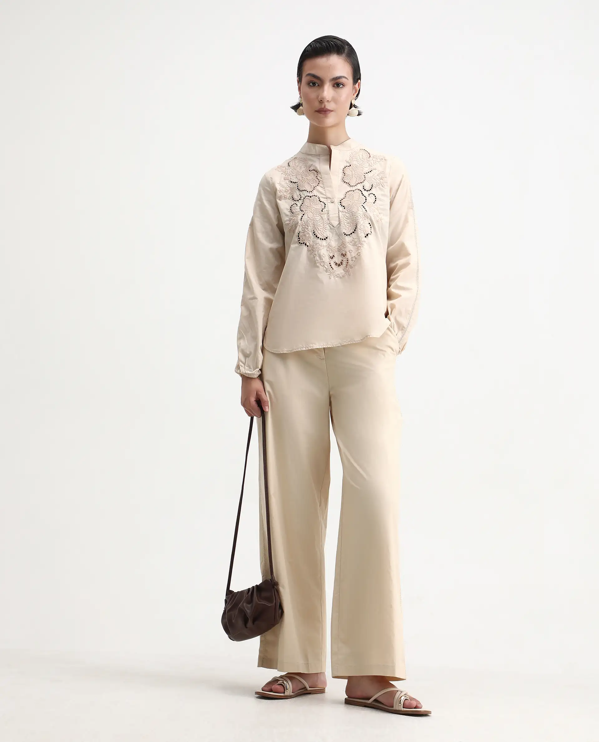 Rareism Women's Nucut-T Beige Cotton Mandarin Collar Regular Fit Top