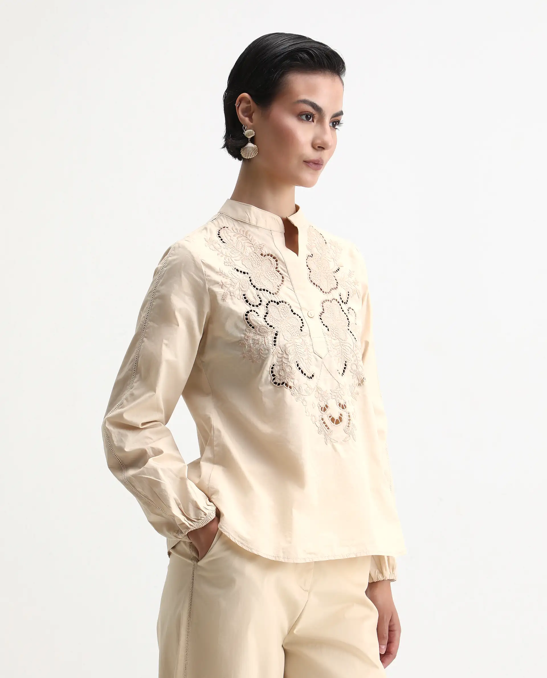 Rareism Women's Nucut-T Beige Cotton Mandarin Collar Regular Fit Top - Image 7