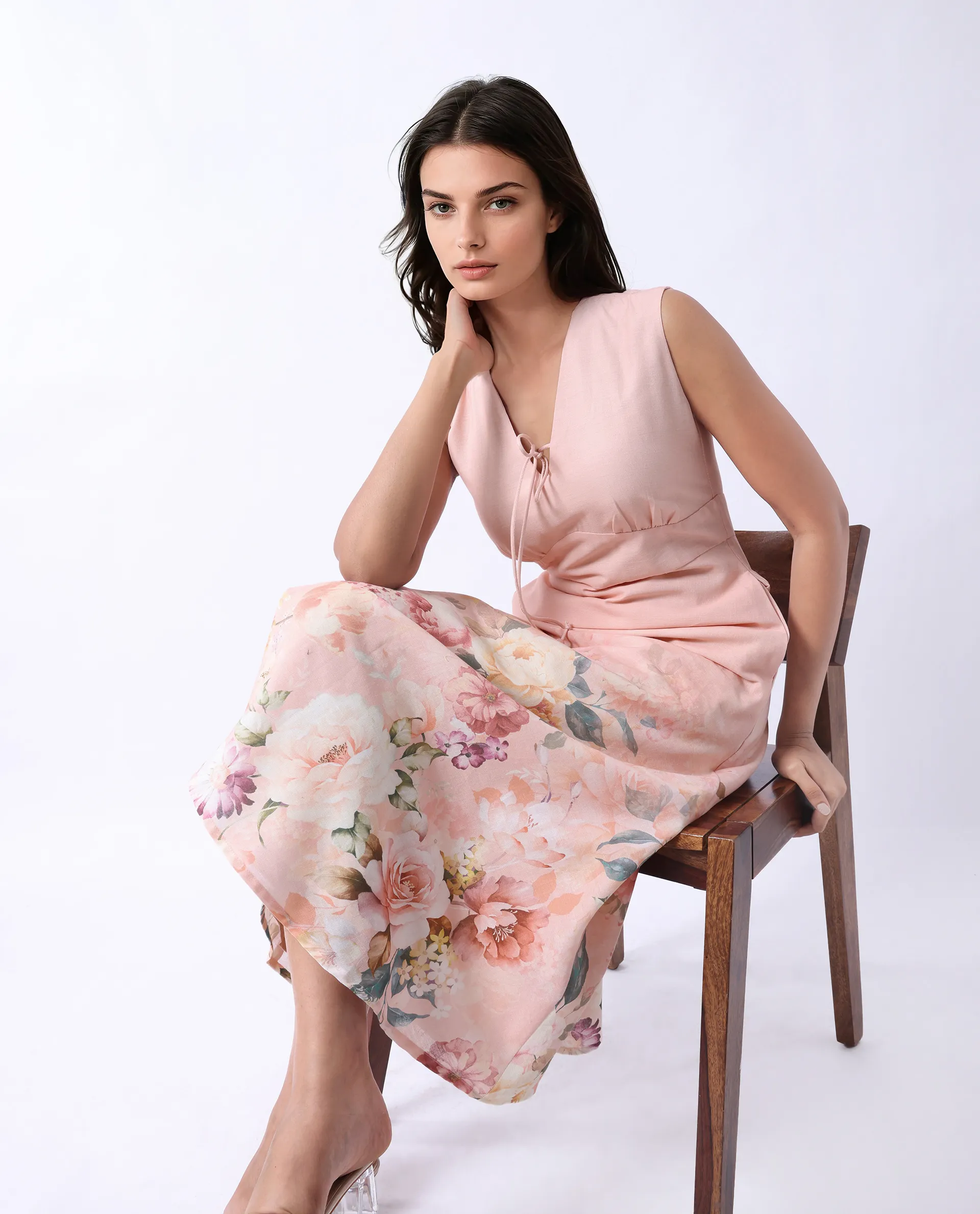 Rareism Women's Nugo Pink Cotton Blend V-Neck Floral Print Midi Dress