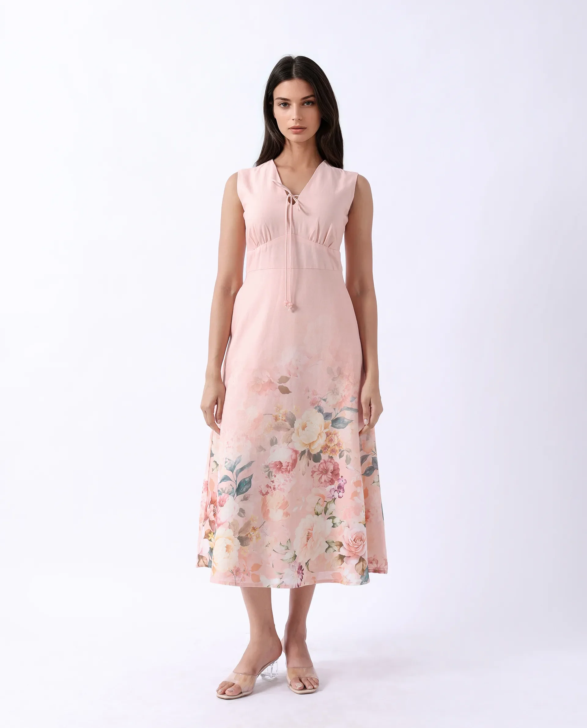 Rareism Women's Nugo Pink Cotton Blend V-Neck Floral Print Midi Dress - Image 2