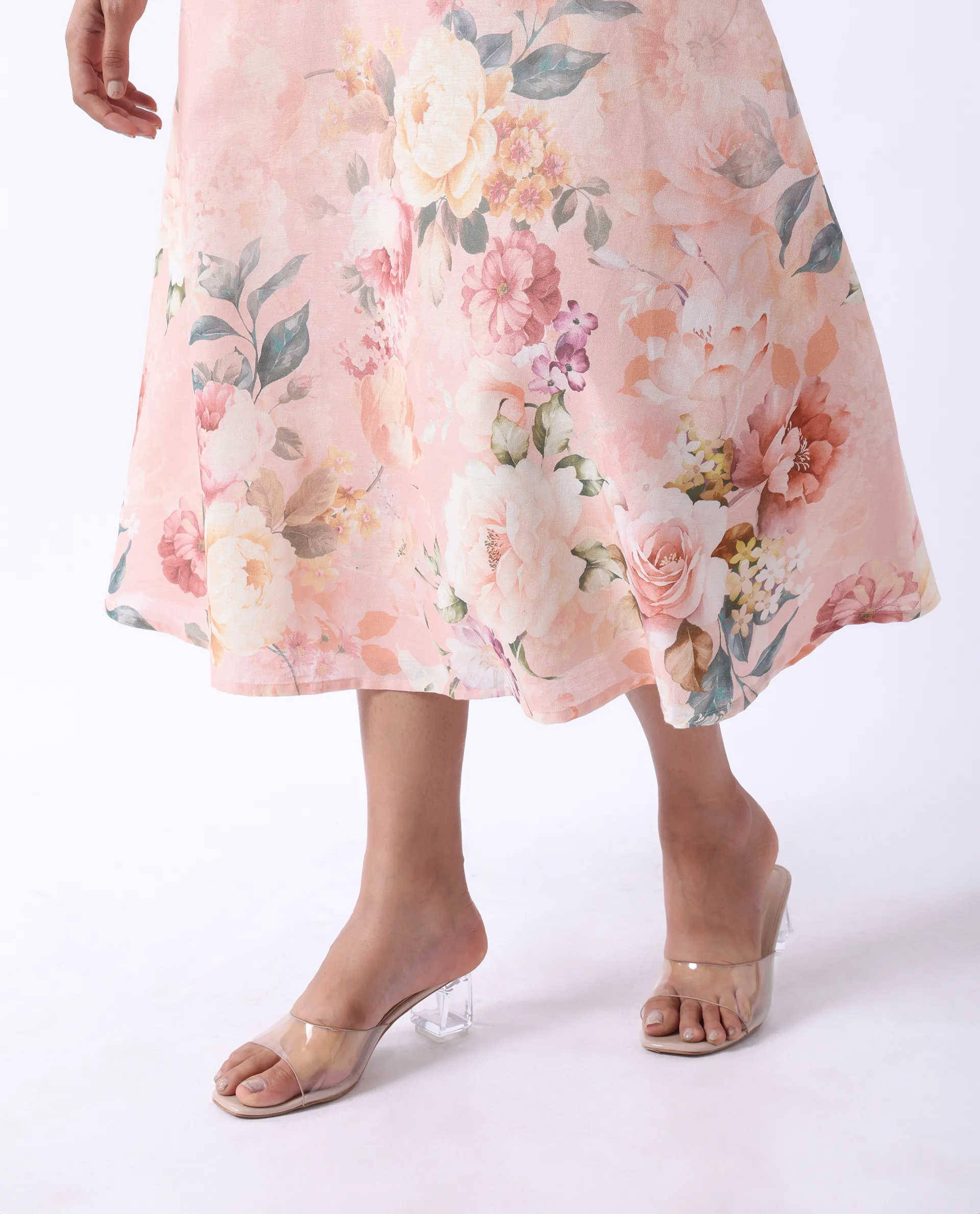 Rareism Women's Nugo Pink Cotton Blend V-Neck Floral Print Midi Dress - Image 3
