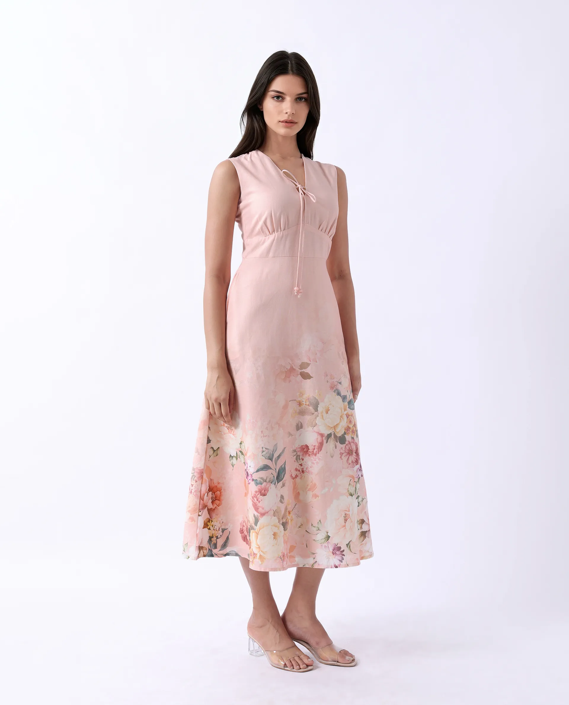 Rareism Women's Nugo Pink Cotton Blend V-Neck Floral Print Midi Dress - Image 5