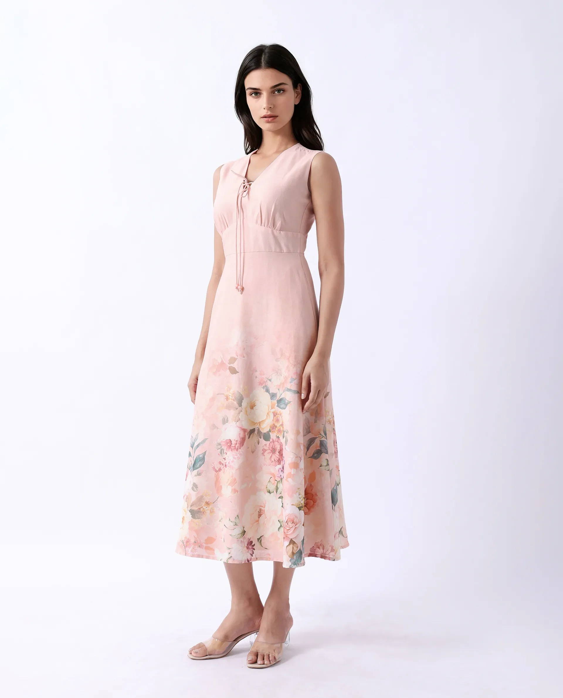 Rareism Women's Nugo Pink Cotton Blend V-Neck Floral Print Midi Dress - Image 6