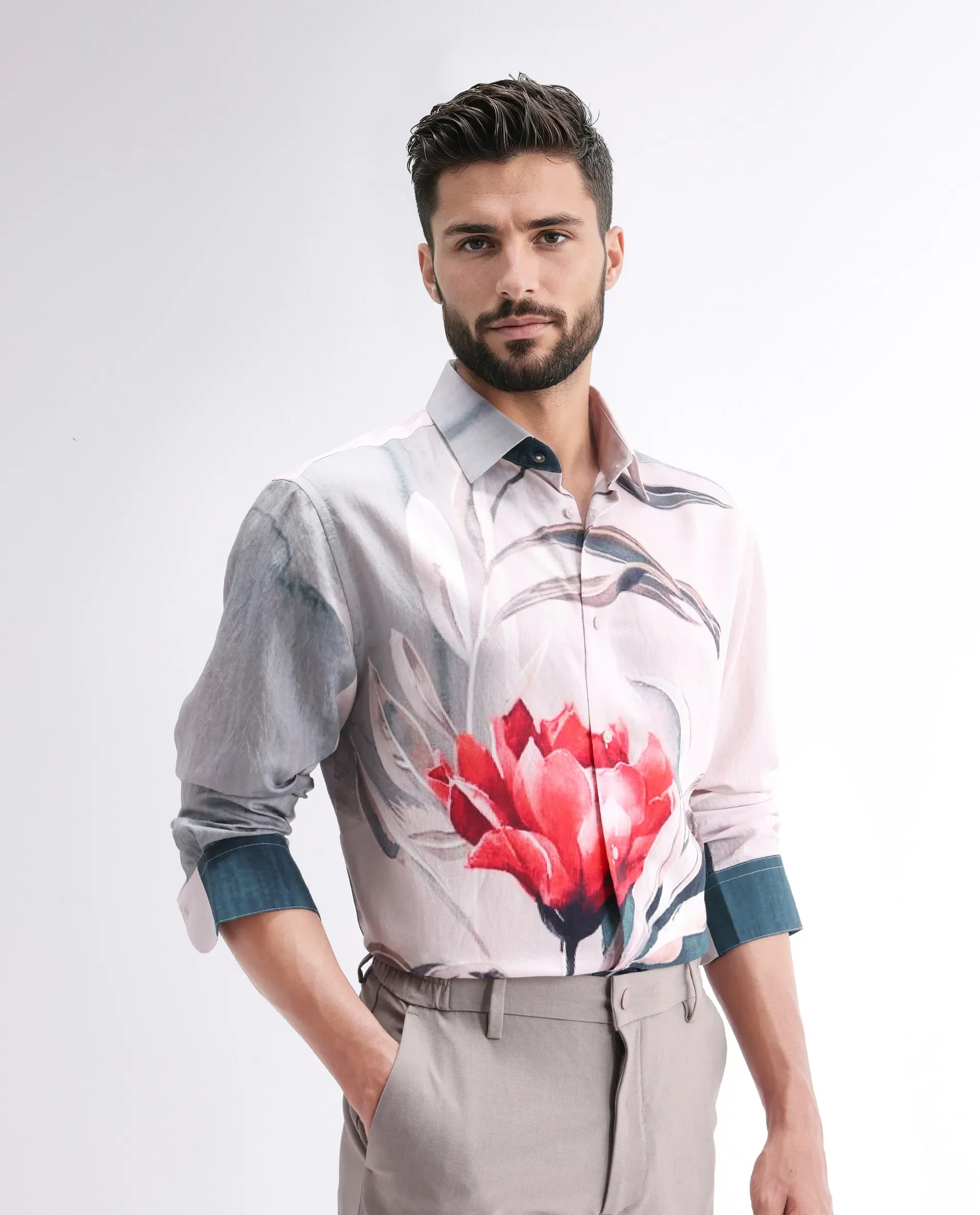 Rare Rabbit Men's Numa Teal Viscose Blend Floral Print Relaxed Fit Full Sleeve Collared Shirt - Image 6