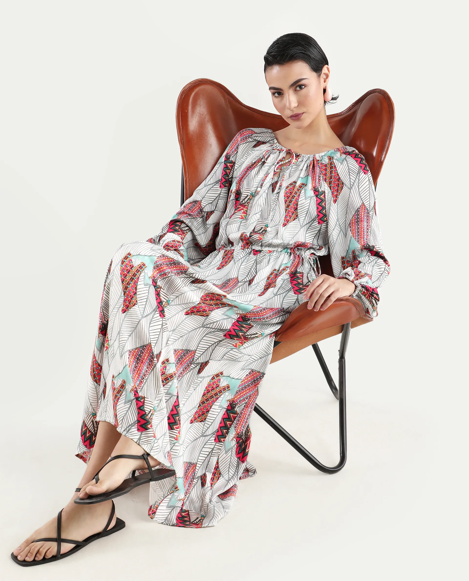 Rareism Women's Numan Multi Cotton Blend Tie-Up Neck Tropical Print Maxi Regular Fit Dress