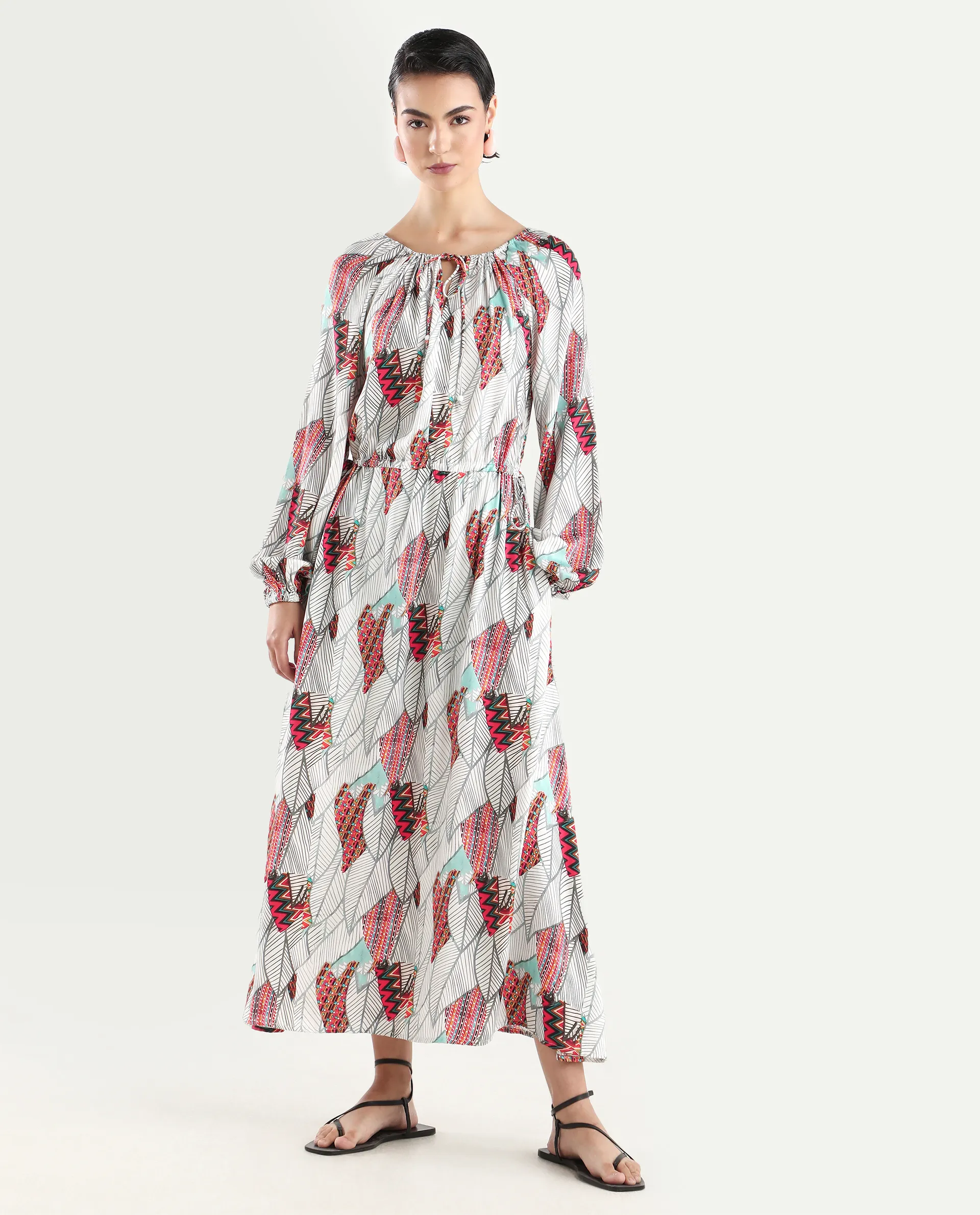 Rareism Women's Numan Multi Cotton Blend Tie-Up Neck Tropical Print Maxi Regular Fit Dress - Image 3