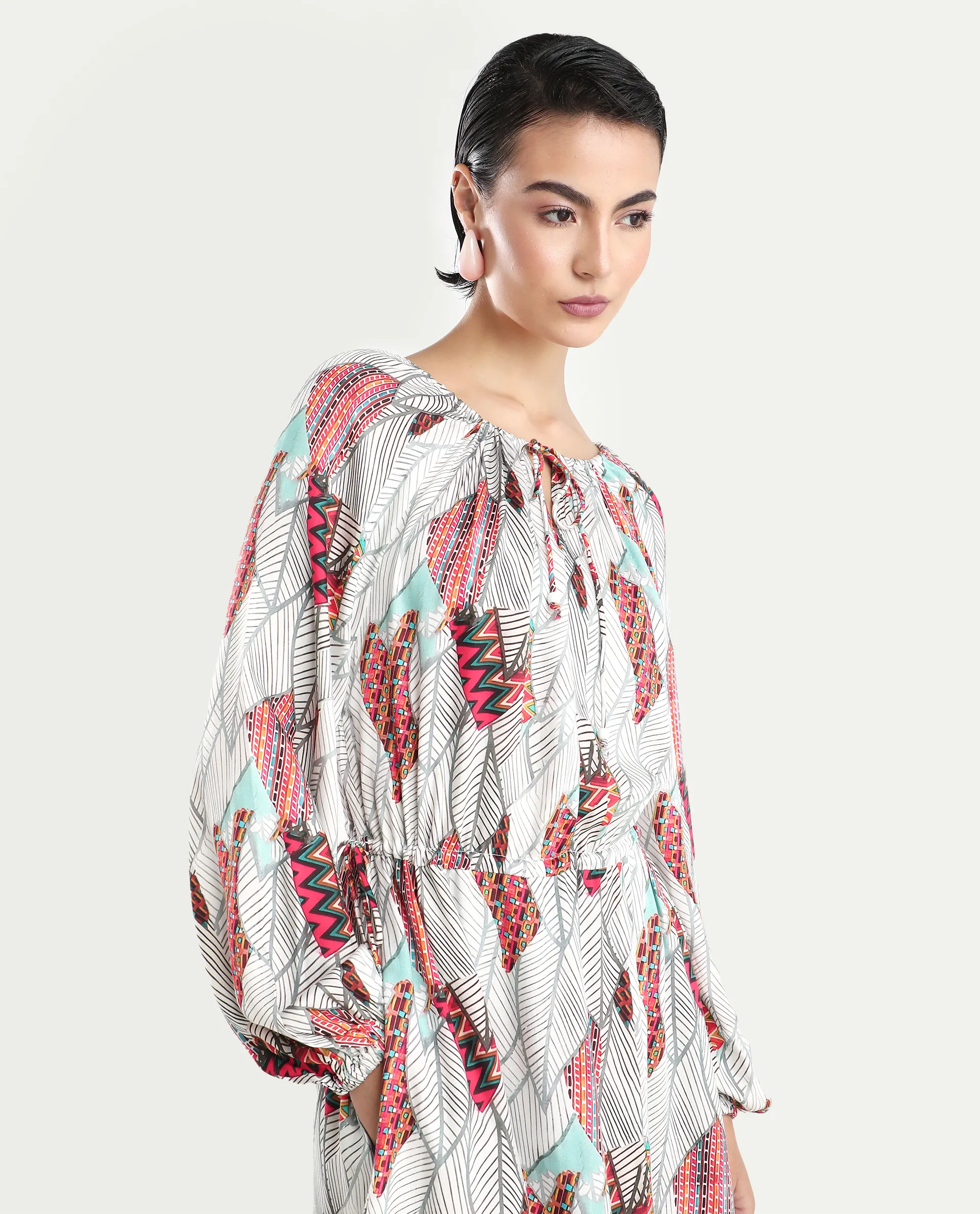 Rareism Women's Numan Multi Cotton Blend Tie-Up Neck Tropical Print Maxi Regular Fit Dress - Image 4