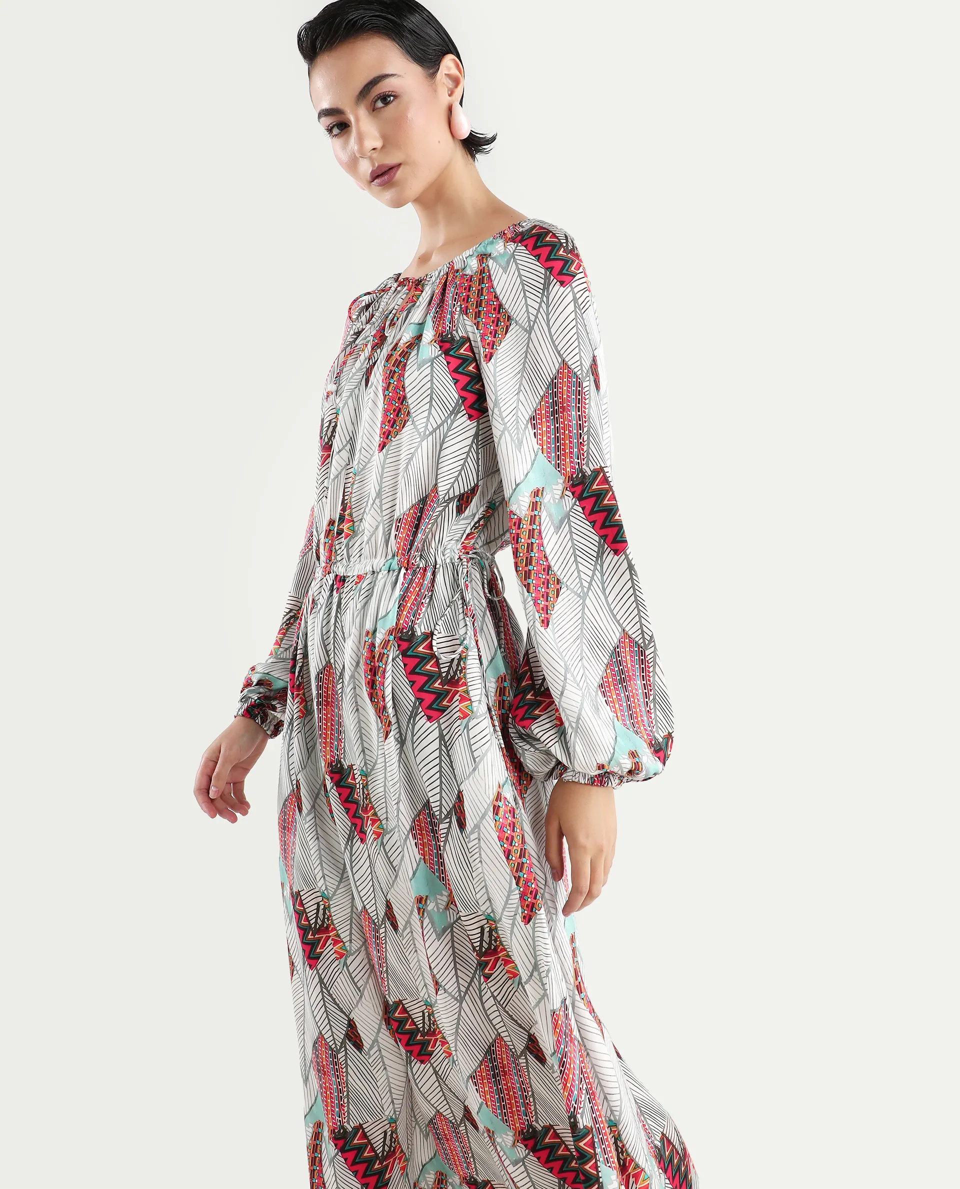 Rareism Women's Numan Multi Cotton Blend Tie-Up Neck Tropical Print Maxi Regular Fit Dress - Image 5